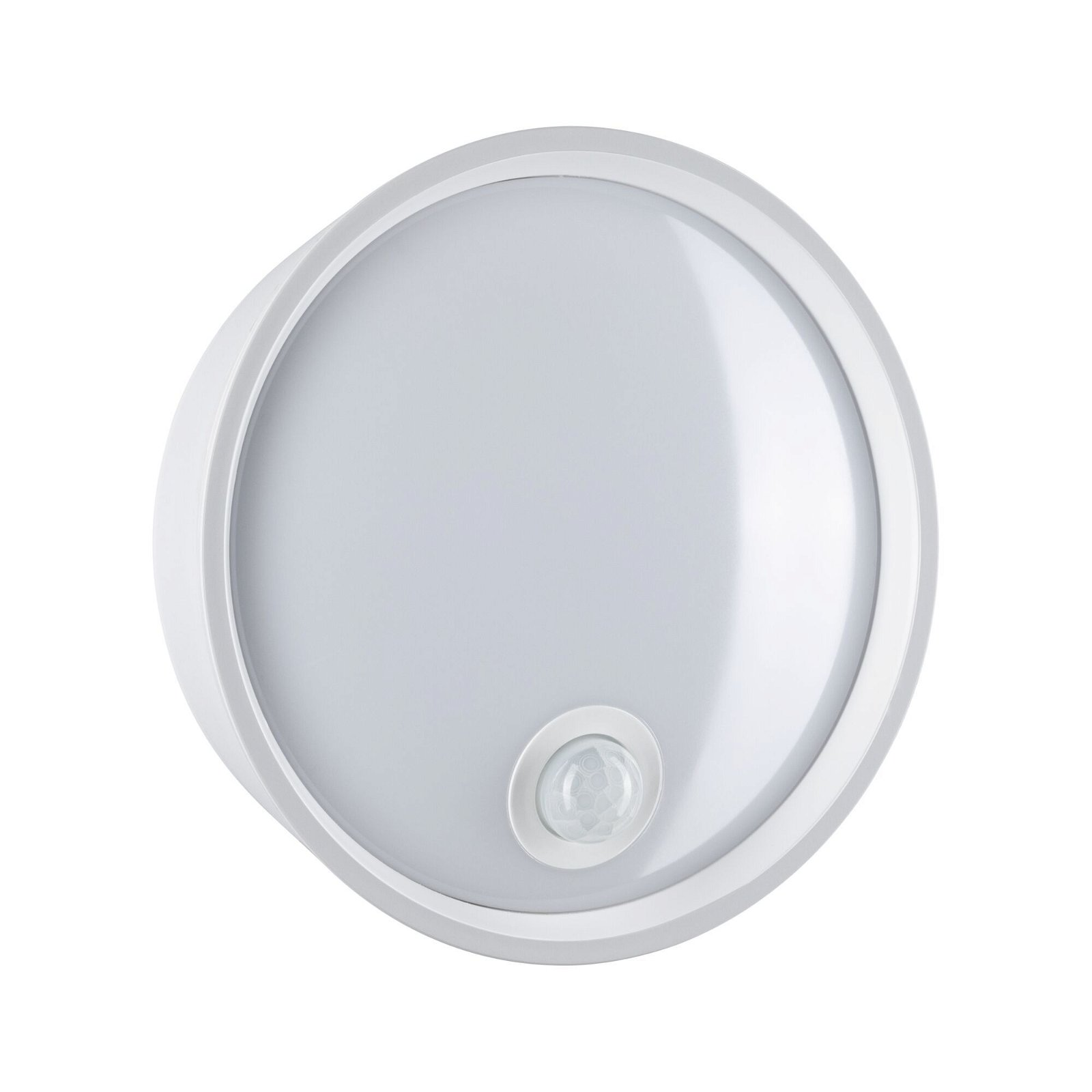 Ein weißes, rundes, an der Wand montiertes LED-Licht mit Bewegungssensor.