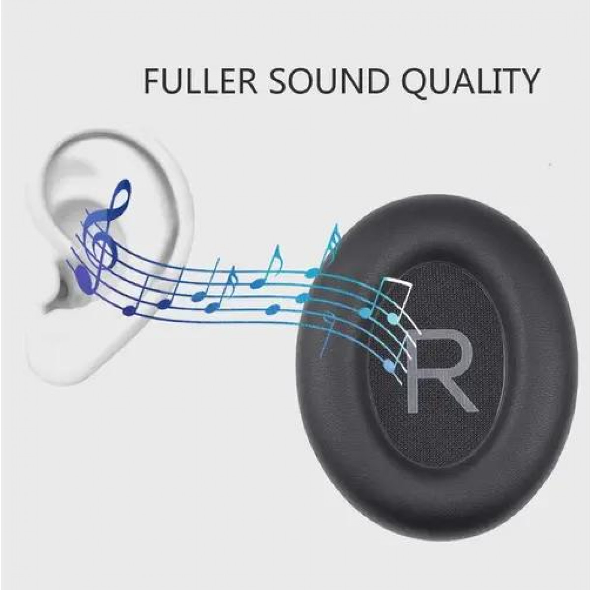 Słuchawki z falami dźwiękowymi. Ucho i nuty. Tekst: Lepsza jakość dźwięku.