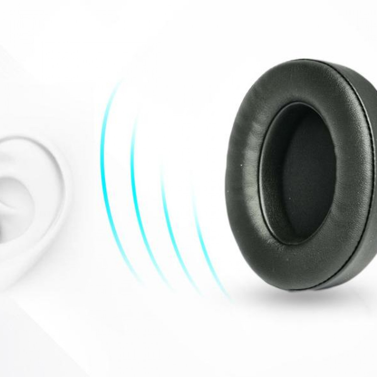 Coupelle d'oreille de casque noire avec des ondes sonores sur fond blanc.
