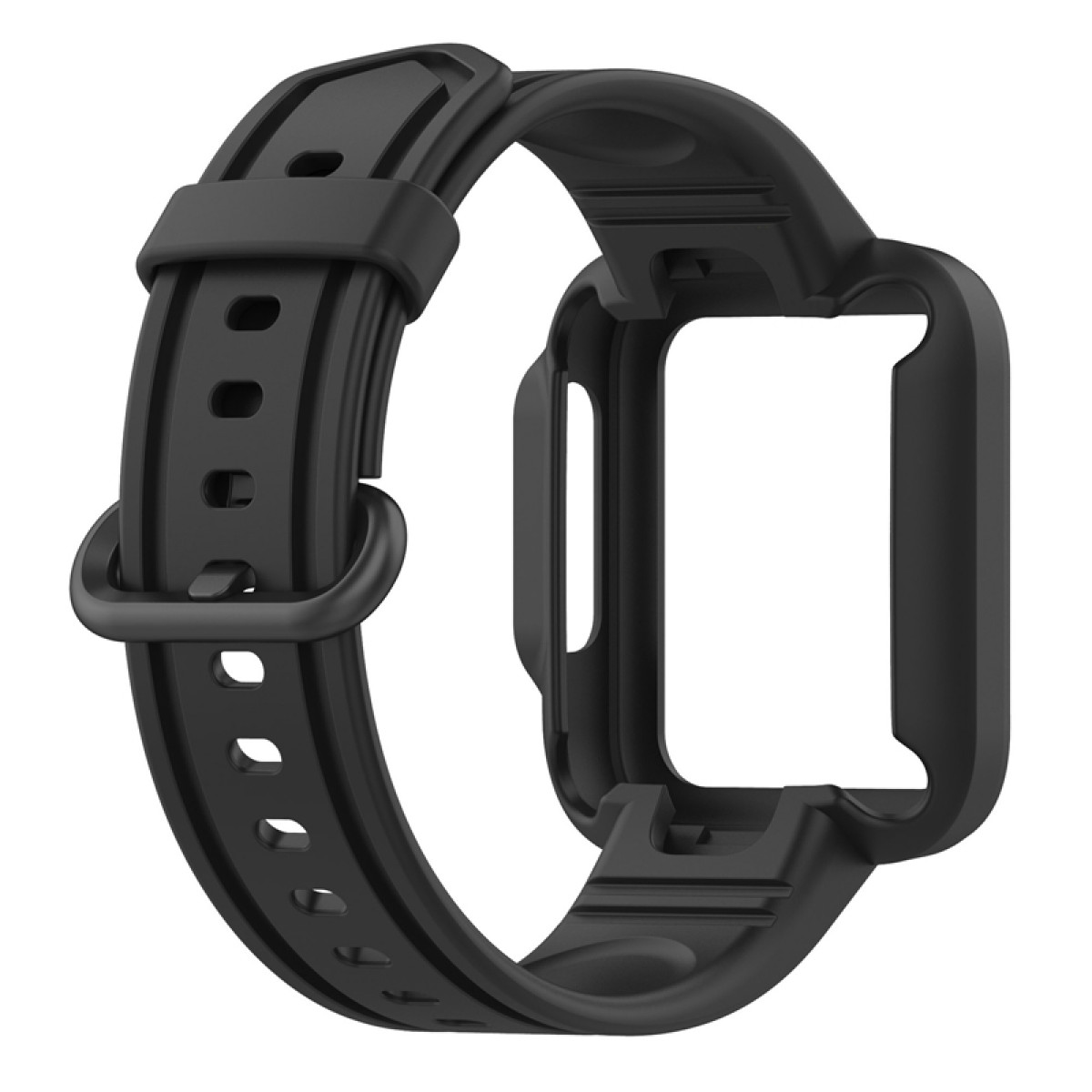 Schwarzes Uhrenarmband und Uhrenrahmen. Der Rahmen ist zur Aufnahme der Uhr bestimmt.