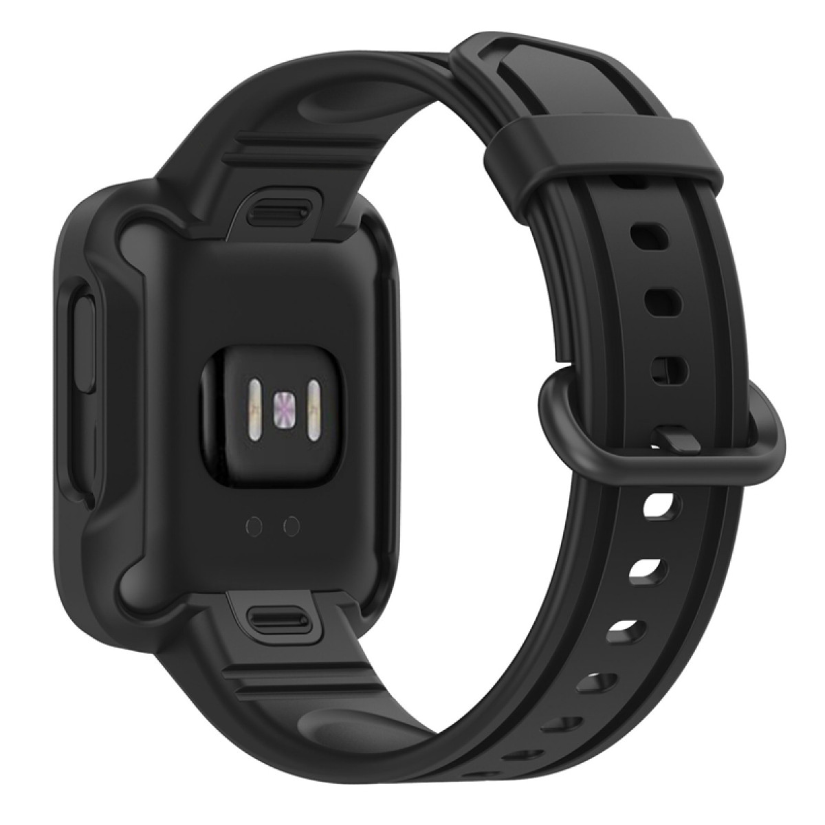 Eine schwarze Uhrengehäuse mit schwarzem Armband. Es hat einen Herzfrequenzsensor und einen Knopf.