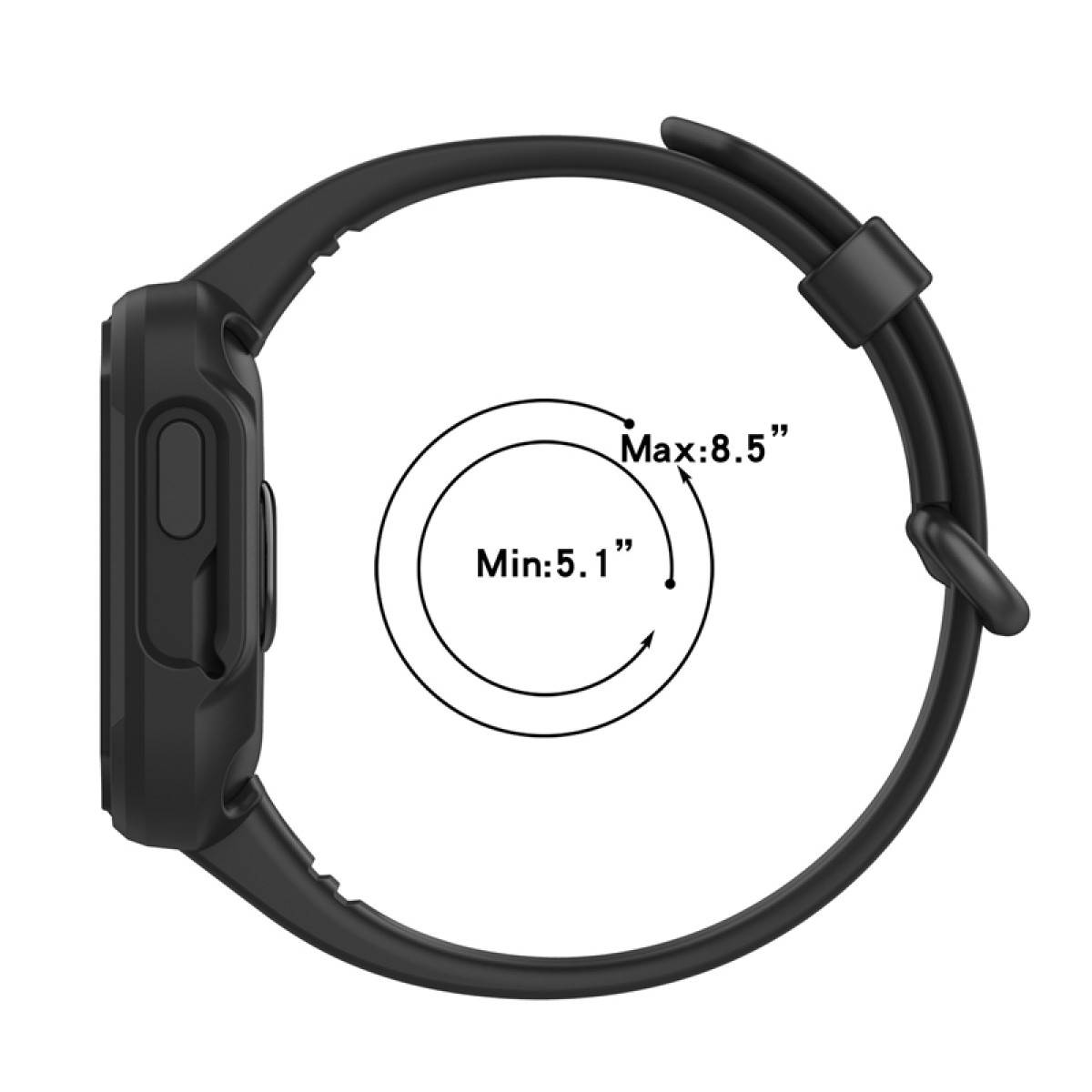 Schwarze Smartwatch, Seitenansicht. Kreis mit Min: 5,1" und Max: 8,5" wird angezeigt.