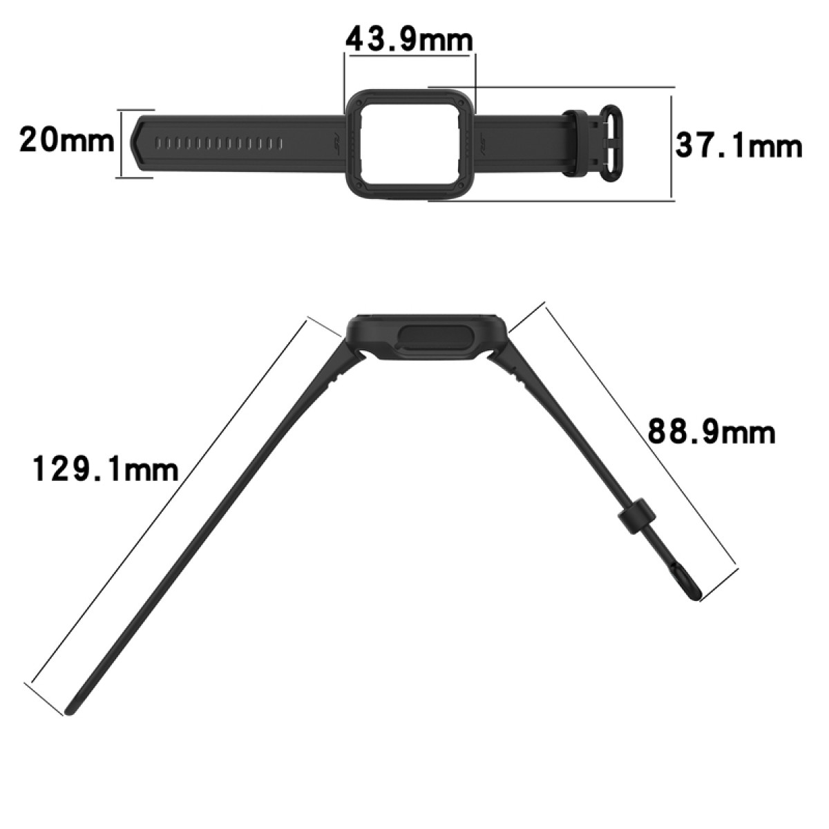 Ein schwarzes Uhrenarmband mit Abmessungen: 20 mm Breite, 129,1 mm Länge und 37,1 mm Schnallenbreite.