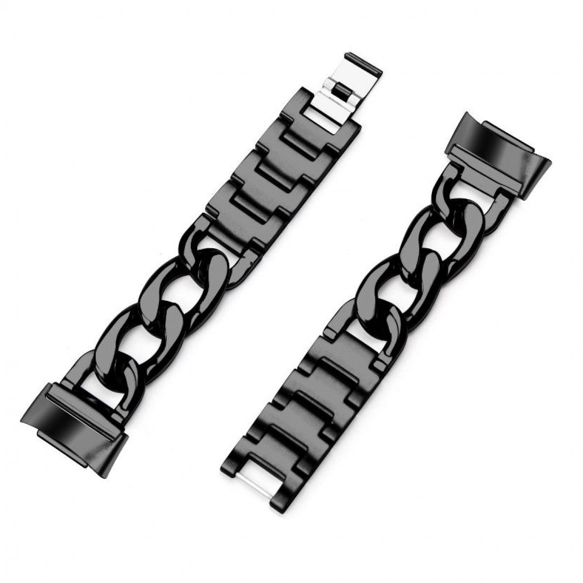 Zwei schwarze Uhrenarmbänder, verbunden mit einem Kettenglied-Design. Bänder sind diagonal vor weißem Hintergrund angeordnet.
