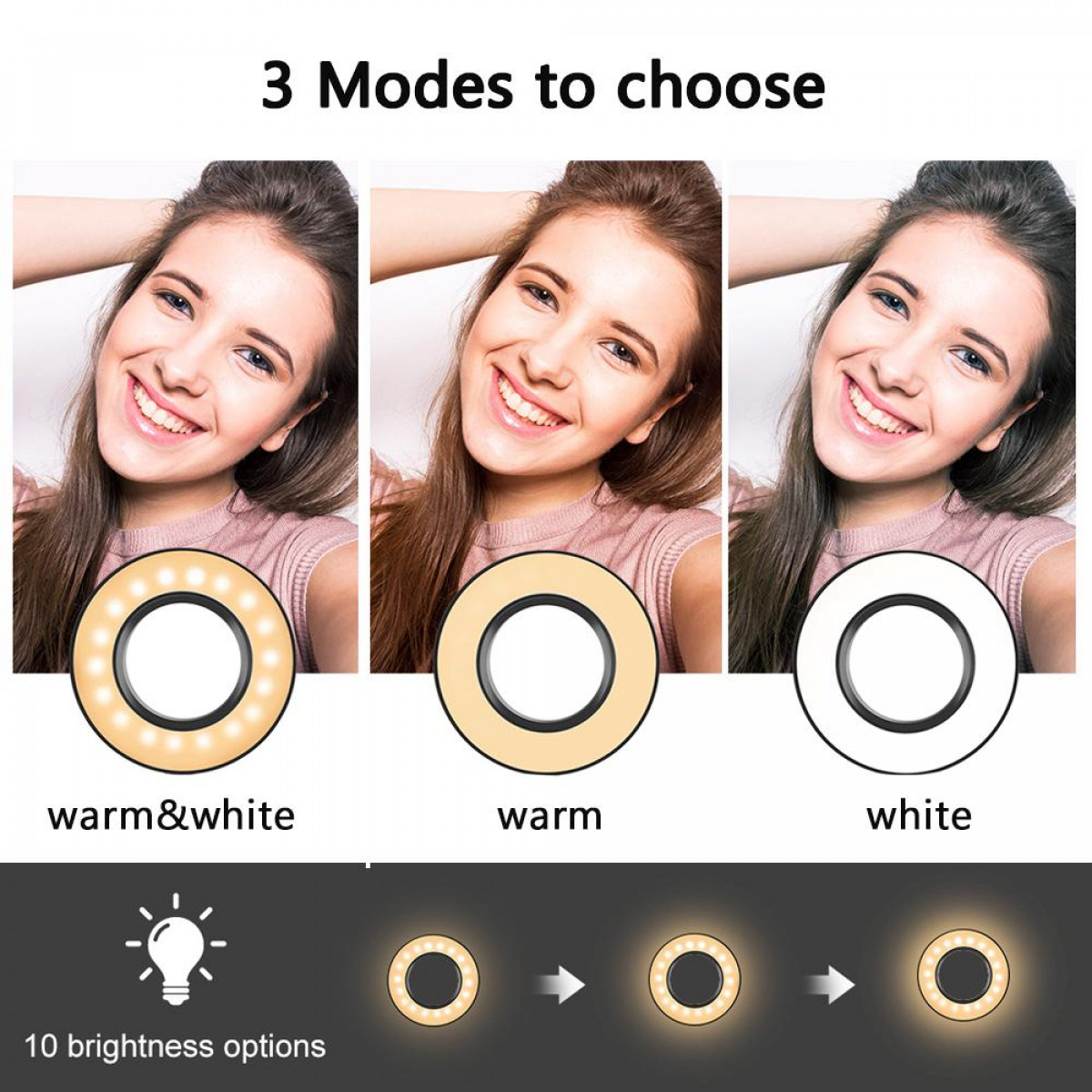 Drei Fotos zeigen eine Frau, die ein Ringlicht mit verschiedenen Farbmodi verwendet: warm&weiß, warm, weiß.