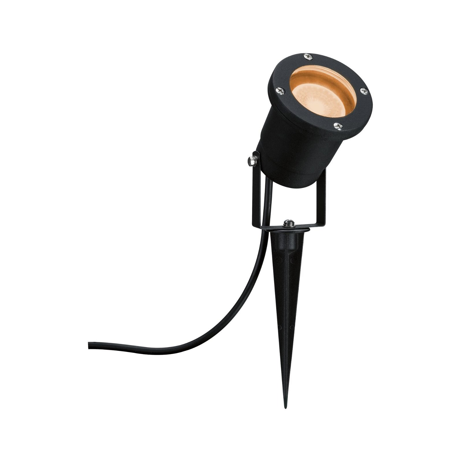 Faretto da esterno nero con base a picchetto. La luce emana da una lampada circolare color oro.