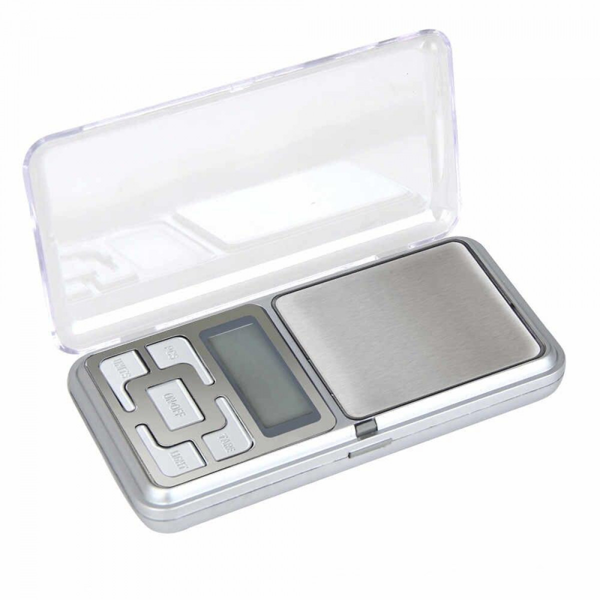 Cyfrowa waga kieszonkowa z otwartą, przezroczystą plastikową pokrywą. Przyciski: CAL, ON/OFF, MODE, TARE, LIGHT.