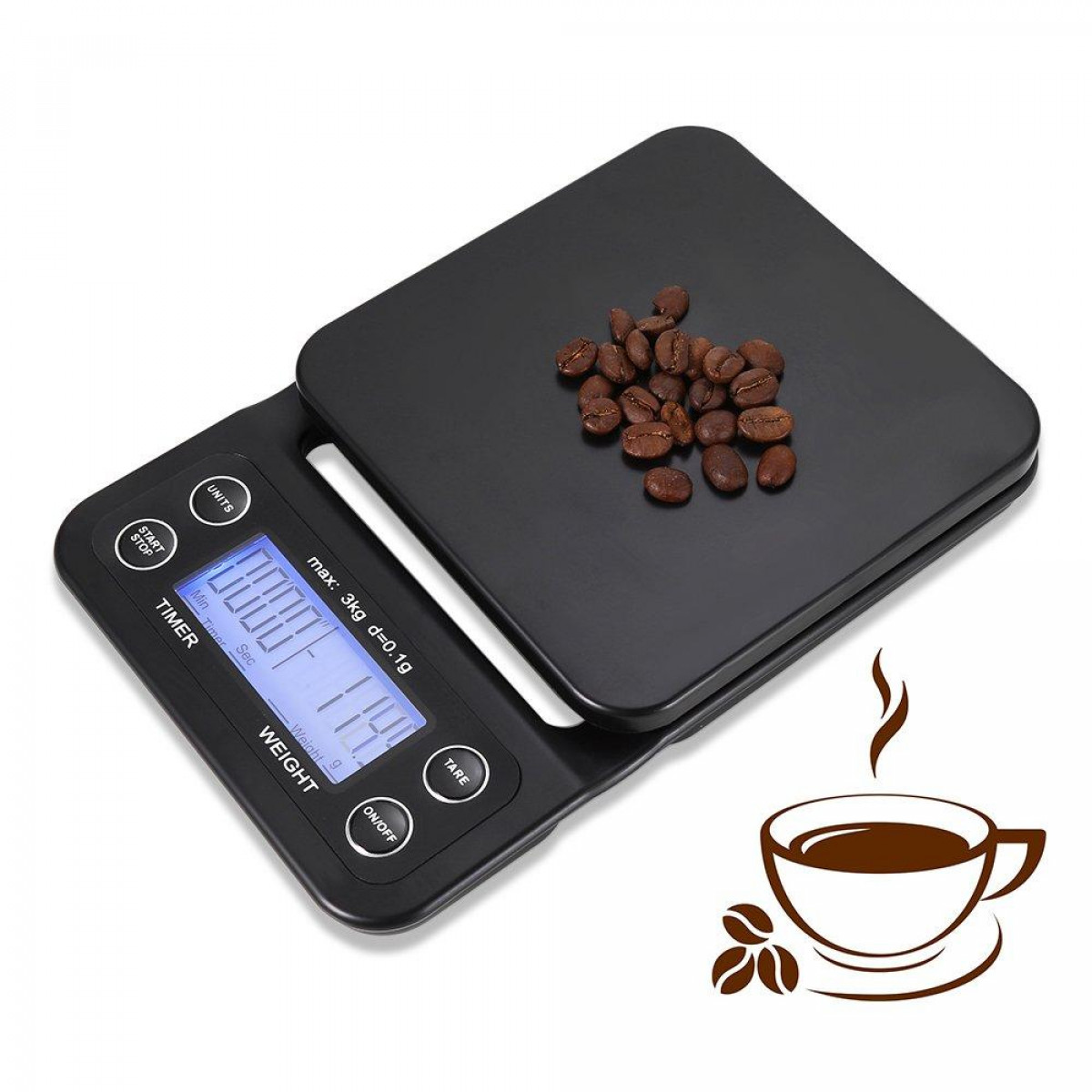 Czarna waga cyfrowa z ziarnami kawy na górze i filiżanką kawy.