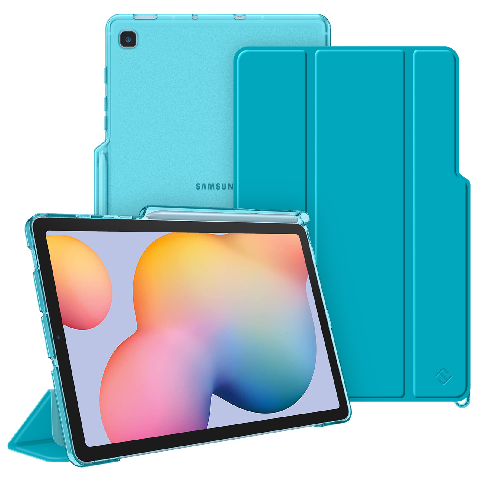 Ein blaues Tablet mit zwei Hüllen: eine auf der Rückseite und eine Ständerhülle. Ein Stift liegt auf dem Tablet.