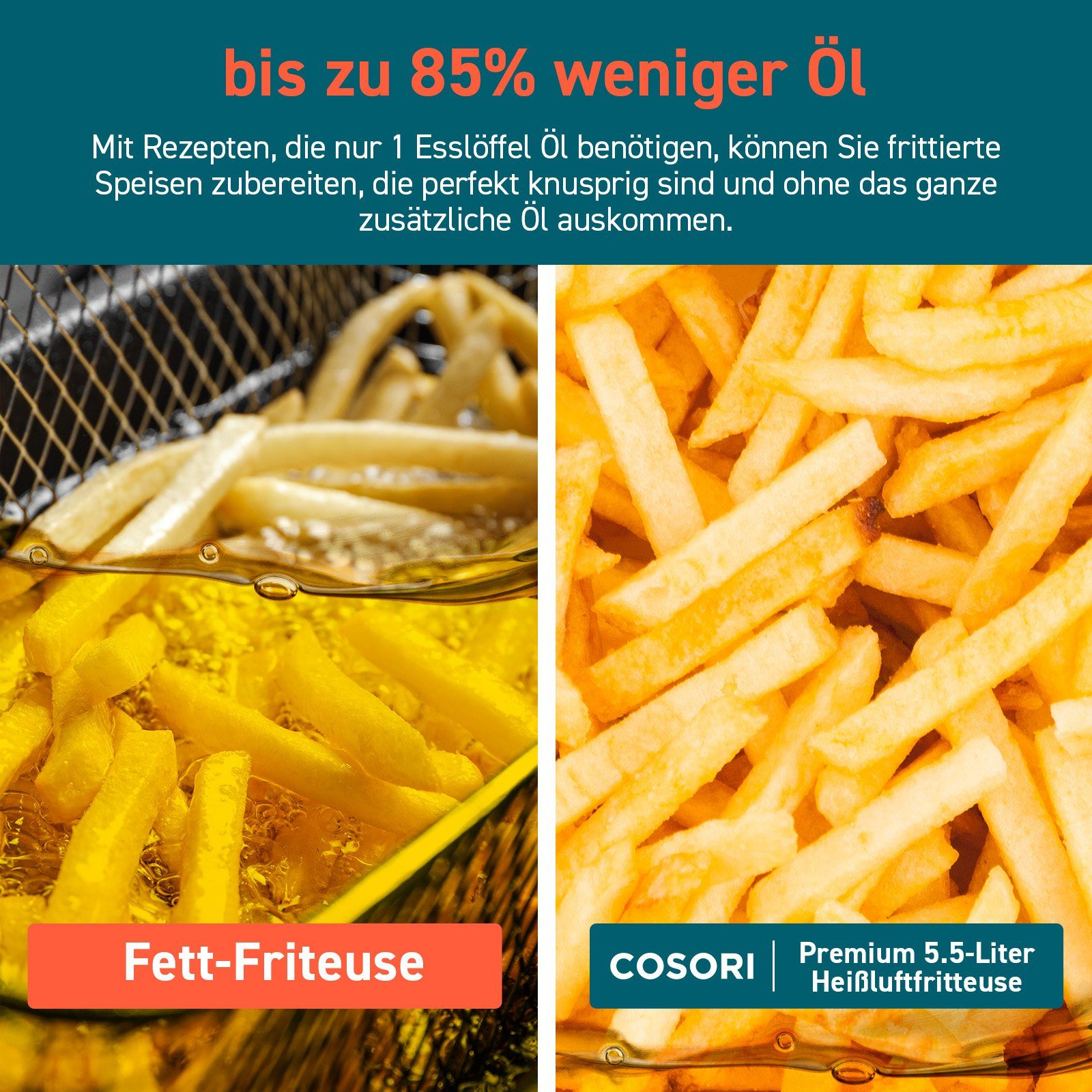 Vergleich von frittierten Speisen mit einer gesunden, luftgebratenen Alternative.