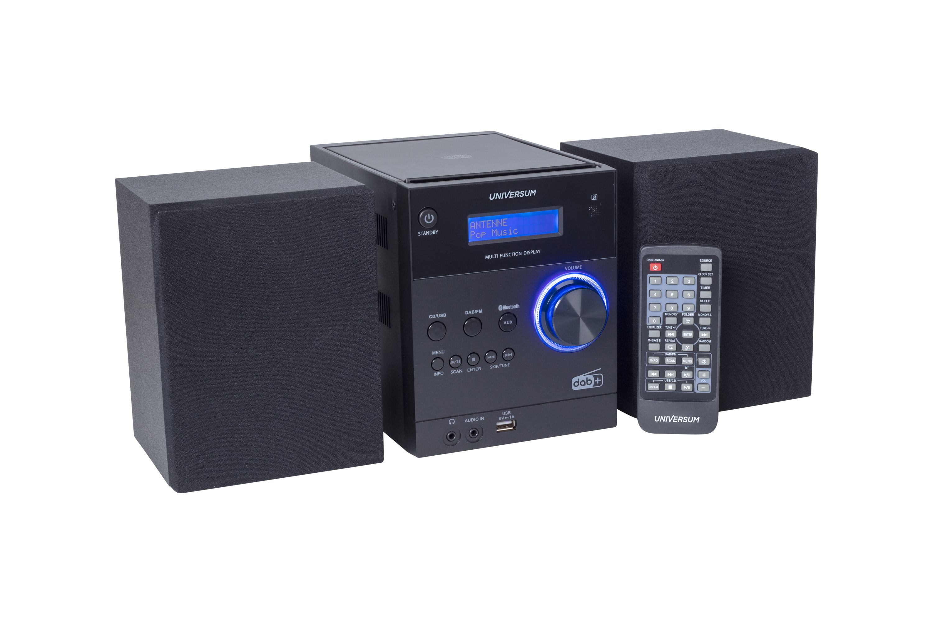 Stereoanlage mit schwarzen Lautsprechern und Fernbedienung. Das System hat ein Display.