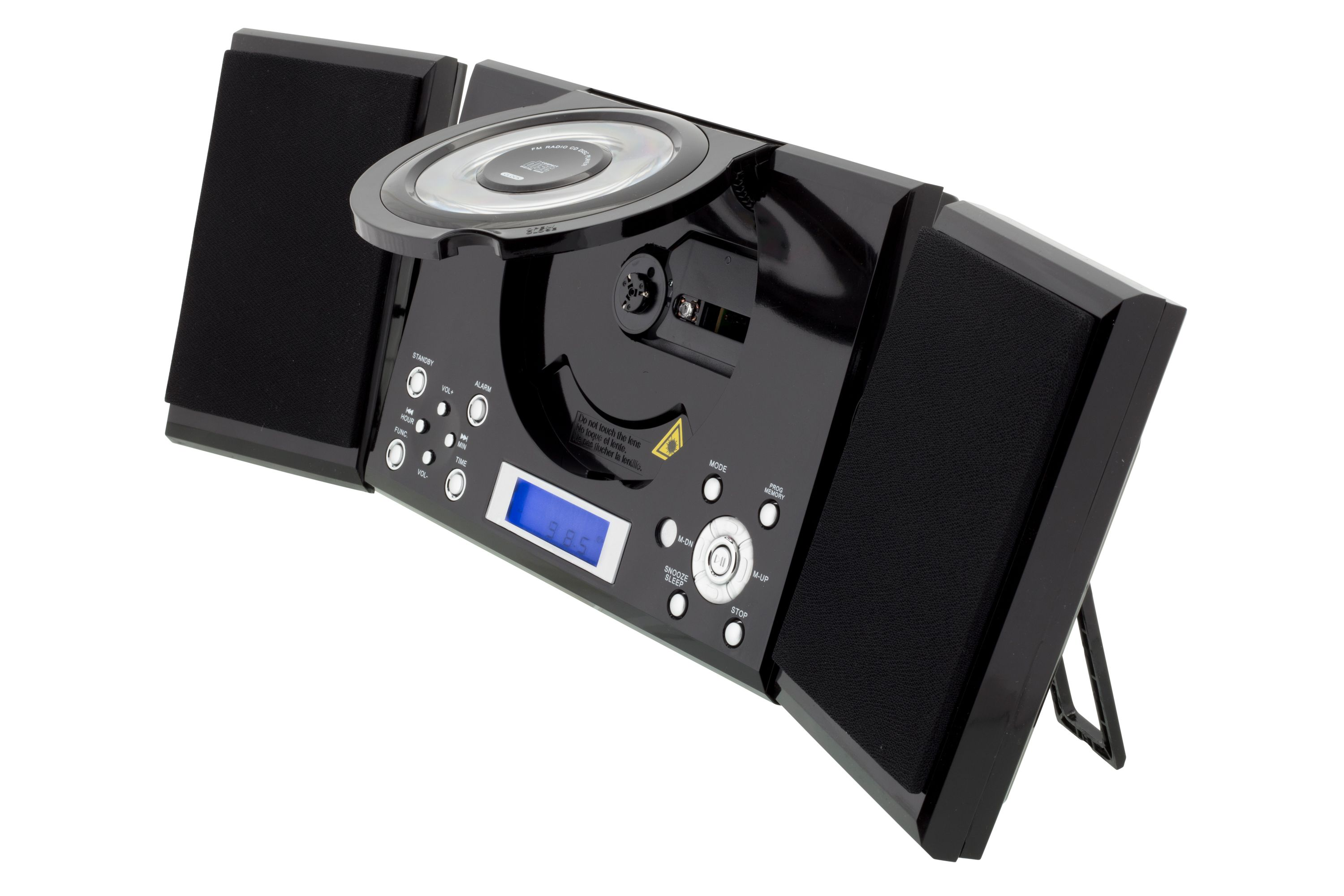 Schwarze Stereoanlage mit offenem CD-Player und digitalem Display, weißer Hintergrund.