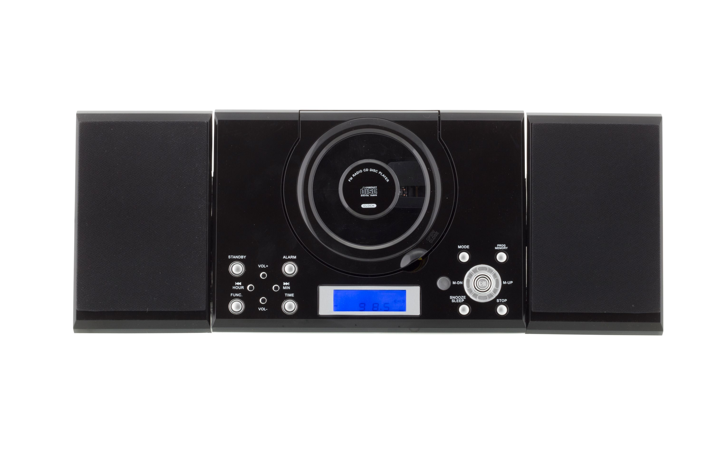 Ein schwarzes Stereoanlage. Es hat zwei Lautsprecher und eine zentrale Einheit mit CD-Player und Display.