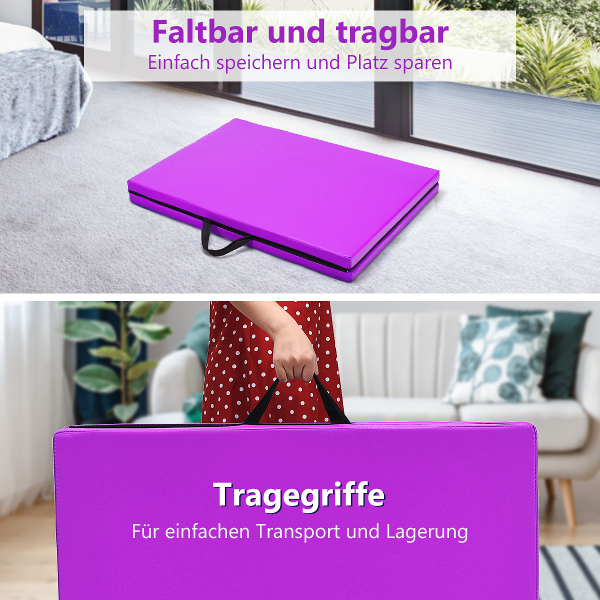 Eine lila, faltbare Gymnastikmatte im Vordergrund, eine Frau hält sie. Hintergrund: Fenster, Raum.
