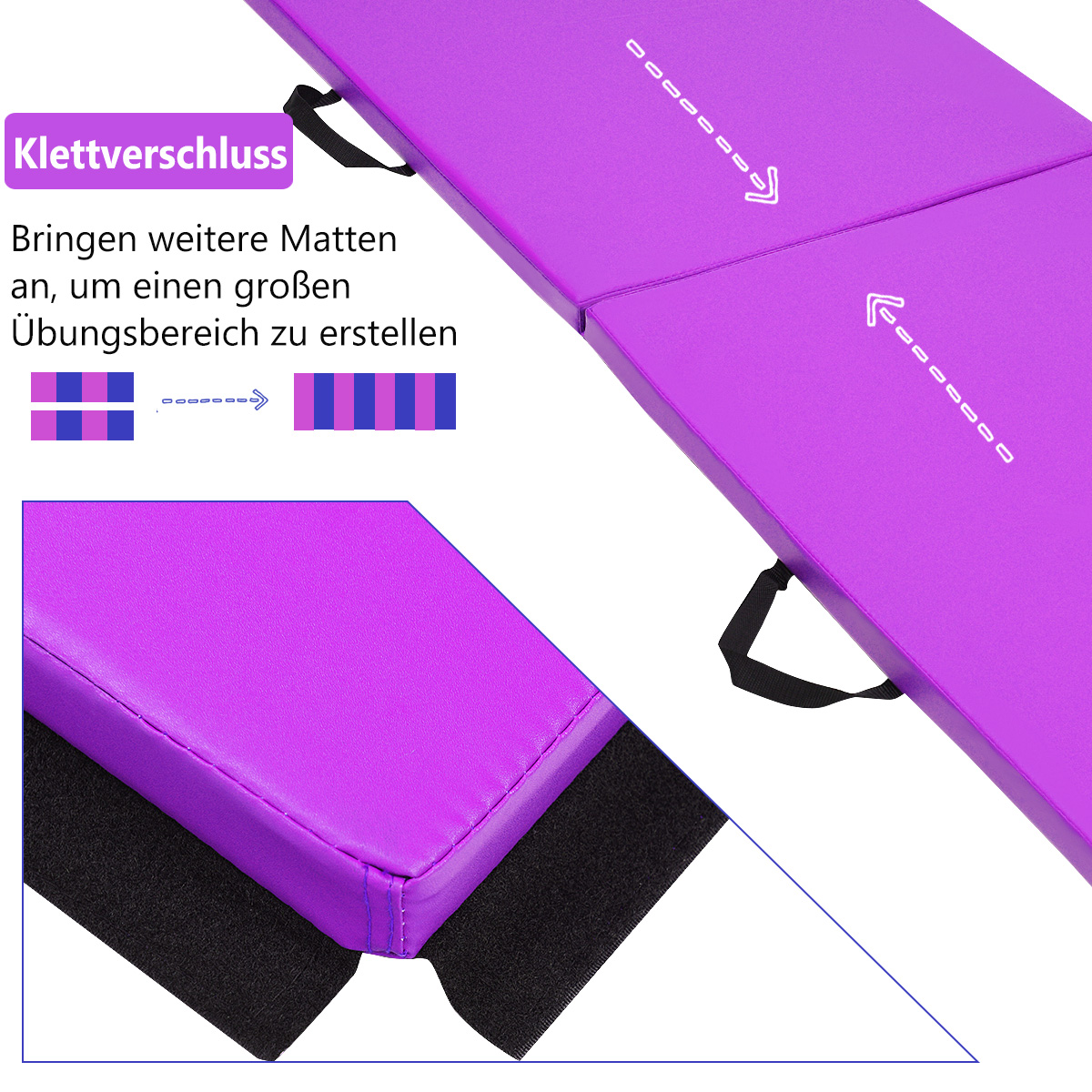 Violette, zusammenklappbare Trainingsmatte mit Klettverschlüssen. Anweisungen und Pfeile sind sichtbar.