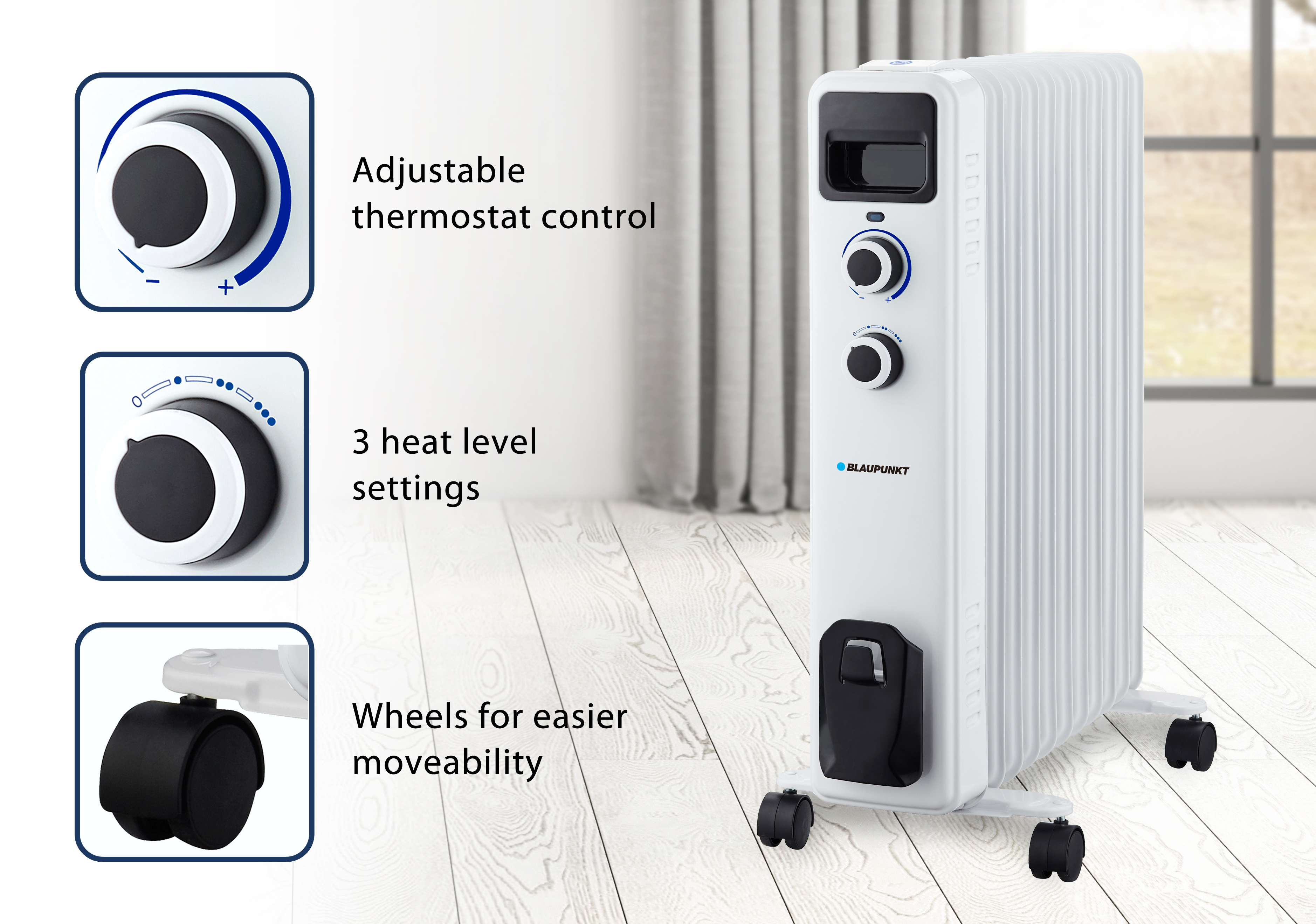 Termosifone bianco e nero con comandi e ruote. Testi indicano le funzioni del dispositivo.