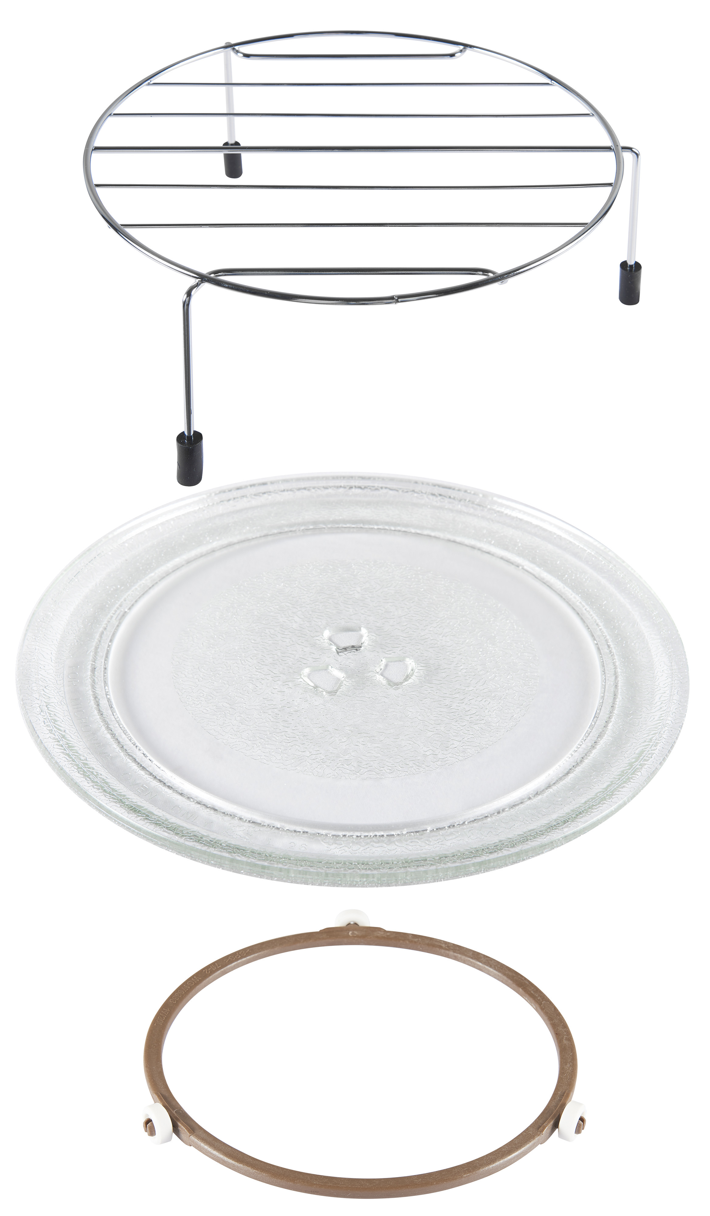 Drei Mikrowellenteile: Drahtgestell, Glasplatte und ein rotierender Ring.