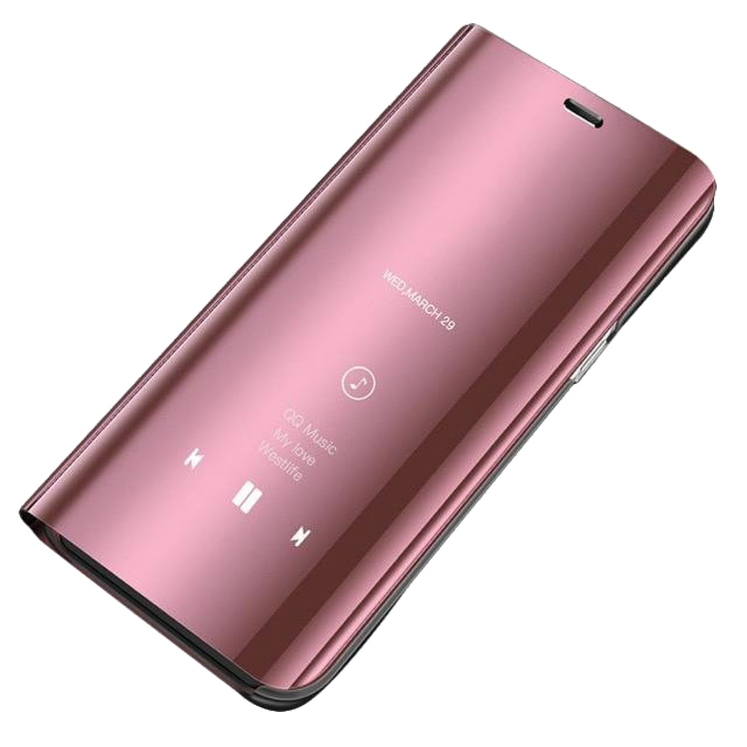 Rosafarbene Handyhülle mit digitalem Bildschirm mit Musiksteuerung, auf reflektierender Oberfläche.