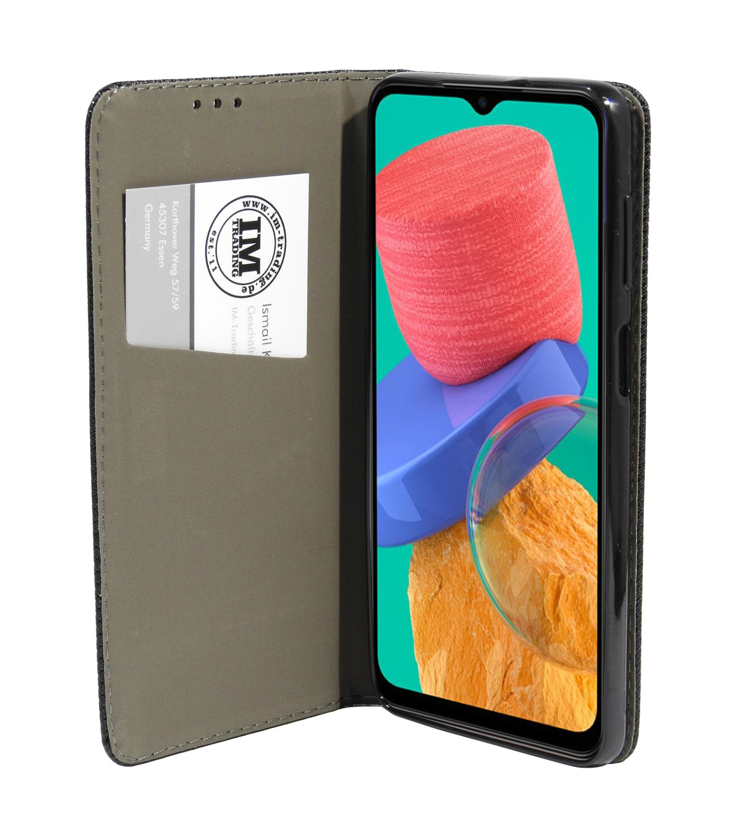 Custodia del telefono aperta con telefono all'interno. Il telefono ha uno sfondo colorato e una carta nella custodia.