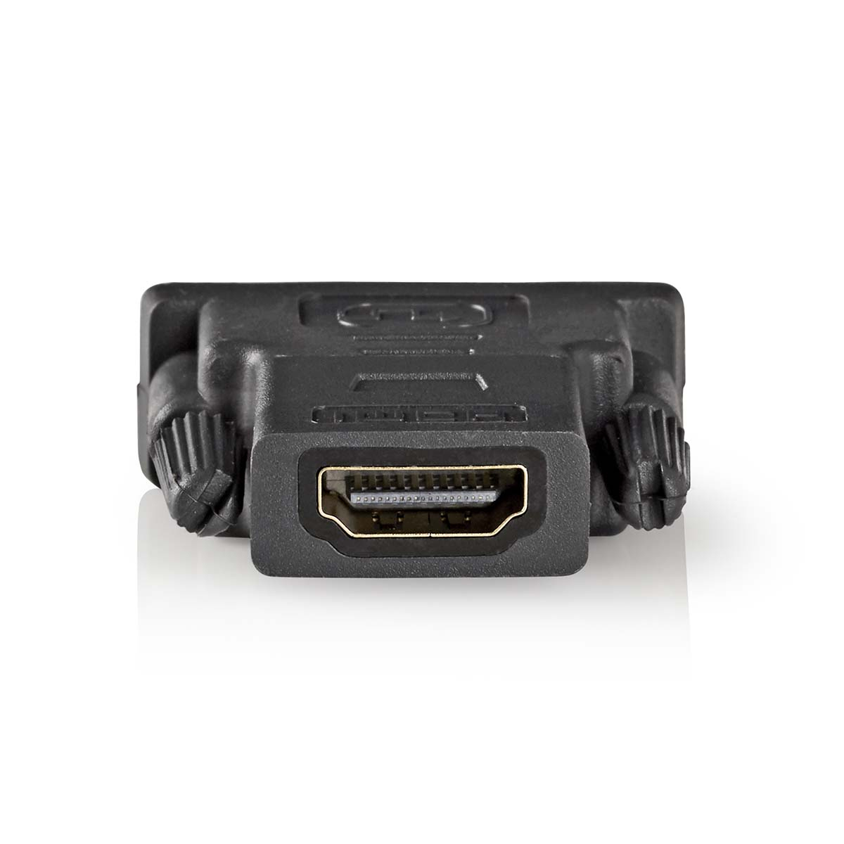 Adattatore da HDMI a DVI nero. Ha due manopole e una porta HDMI dorata.