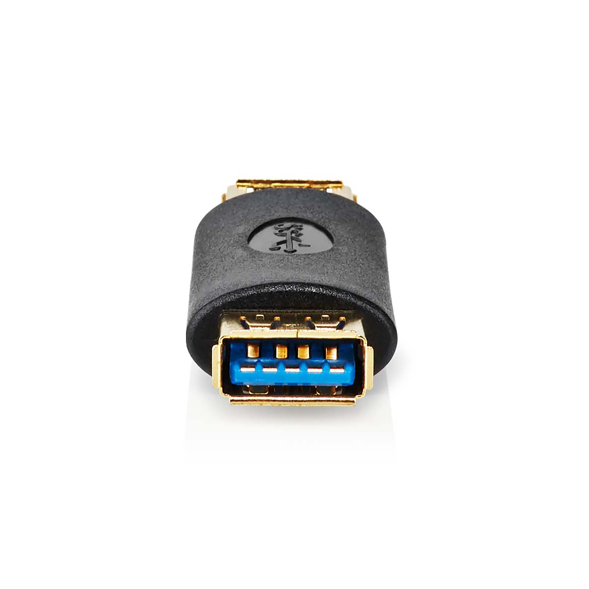 Un adaptador USB negro con conector azul y contactos dorados.