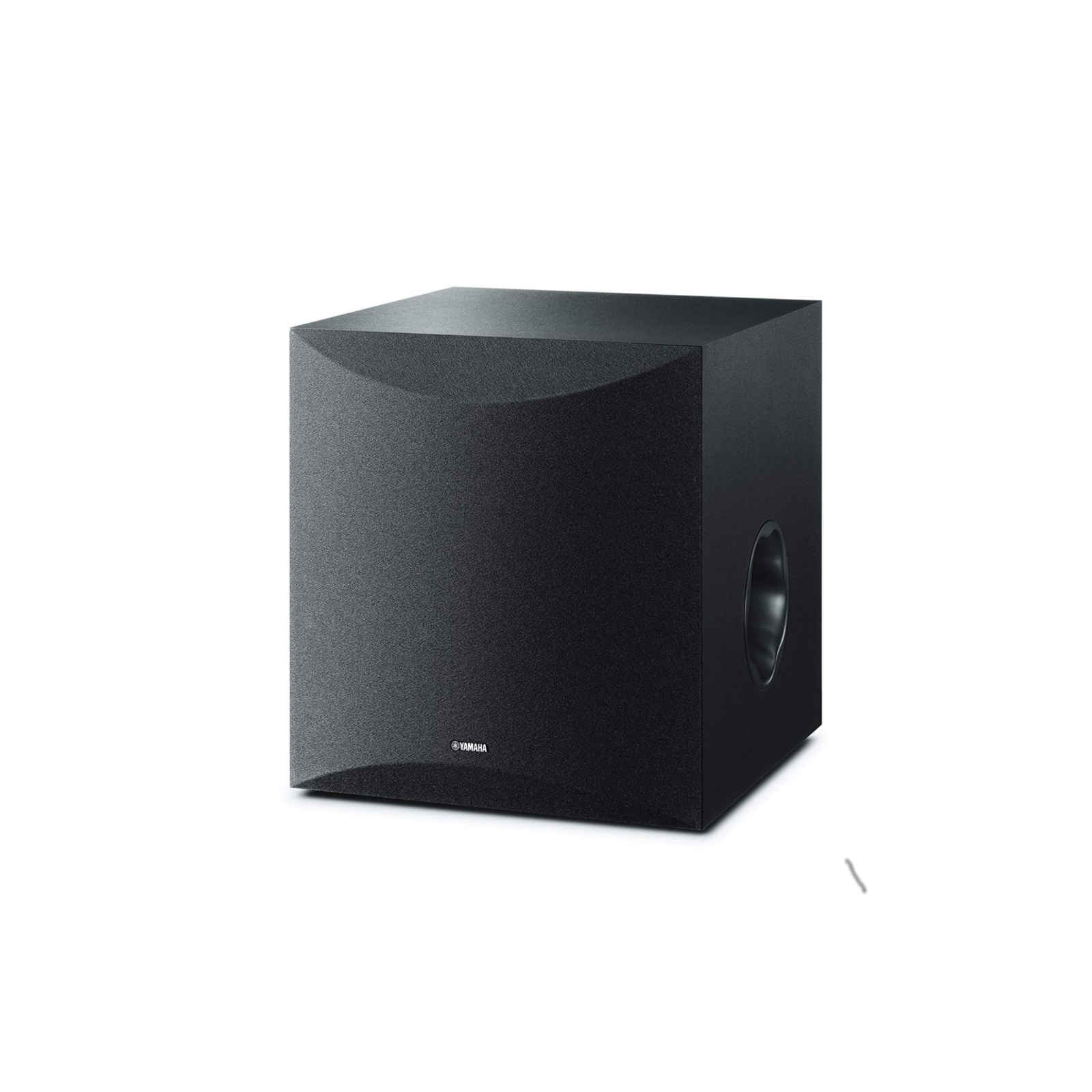 Beyaz arka plan üzerinde siyah subwoofer hoparlör.