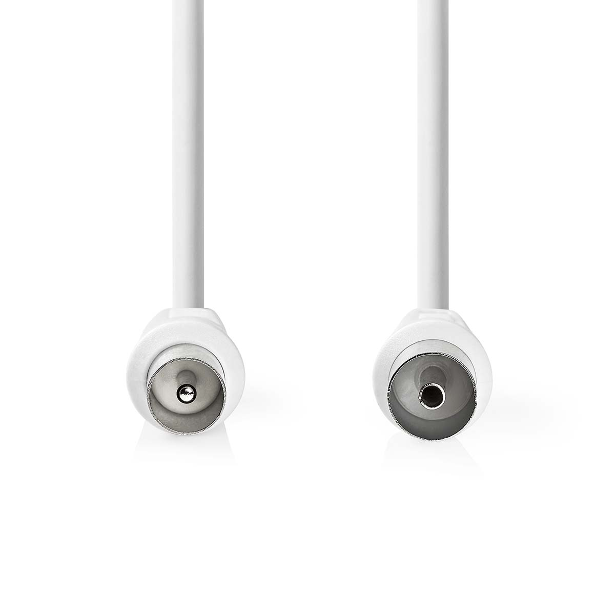 Dos conectores de cable coaxial blancos. Están colocados sobre un fondo blanco, listos para su uso.