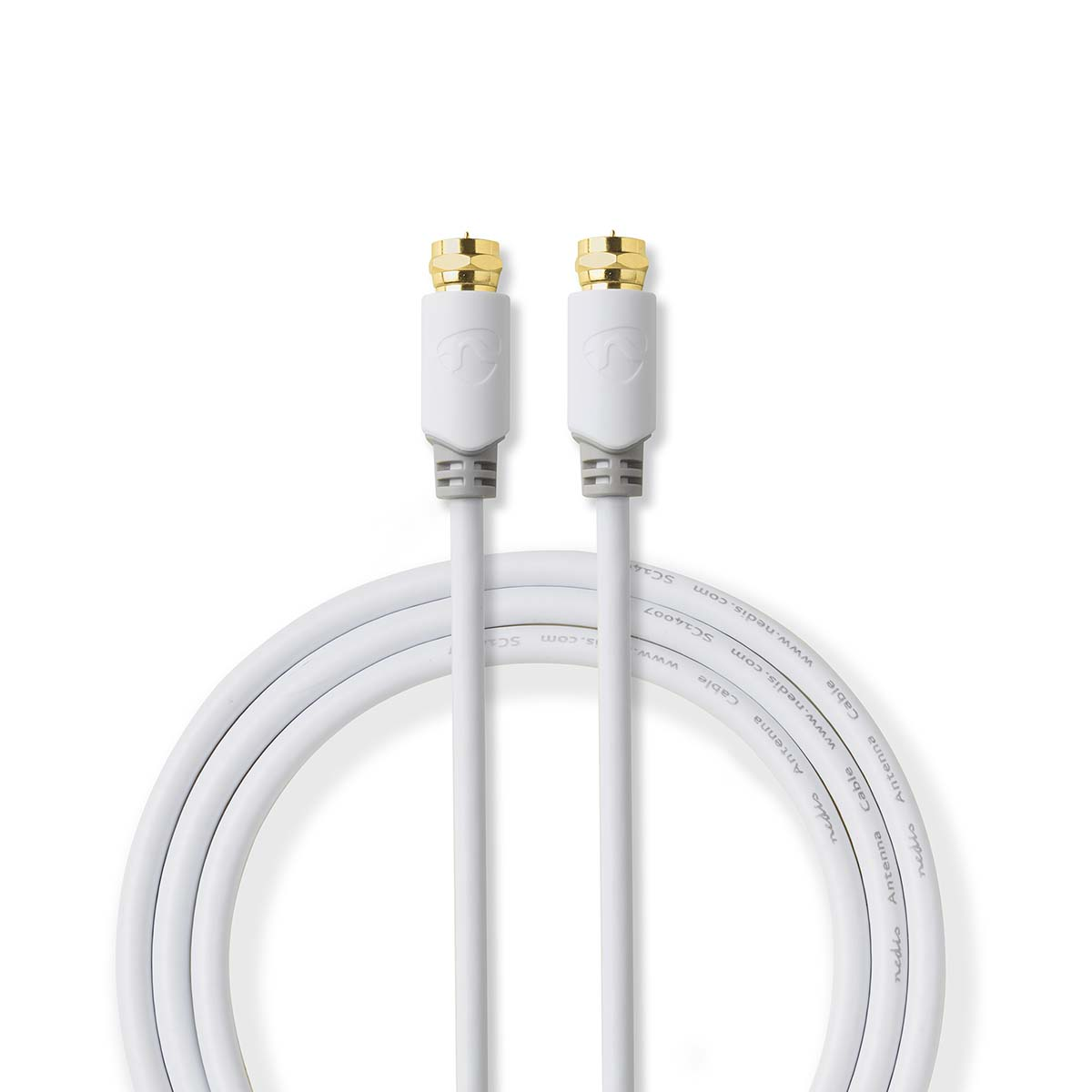 Biały kabel koncentryczny ze złotymi złączami.