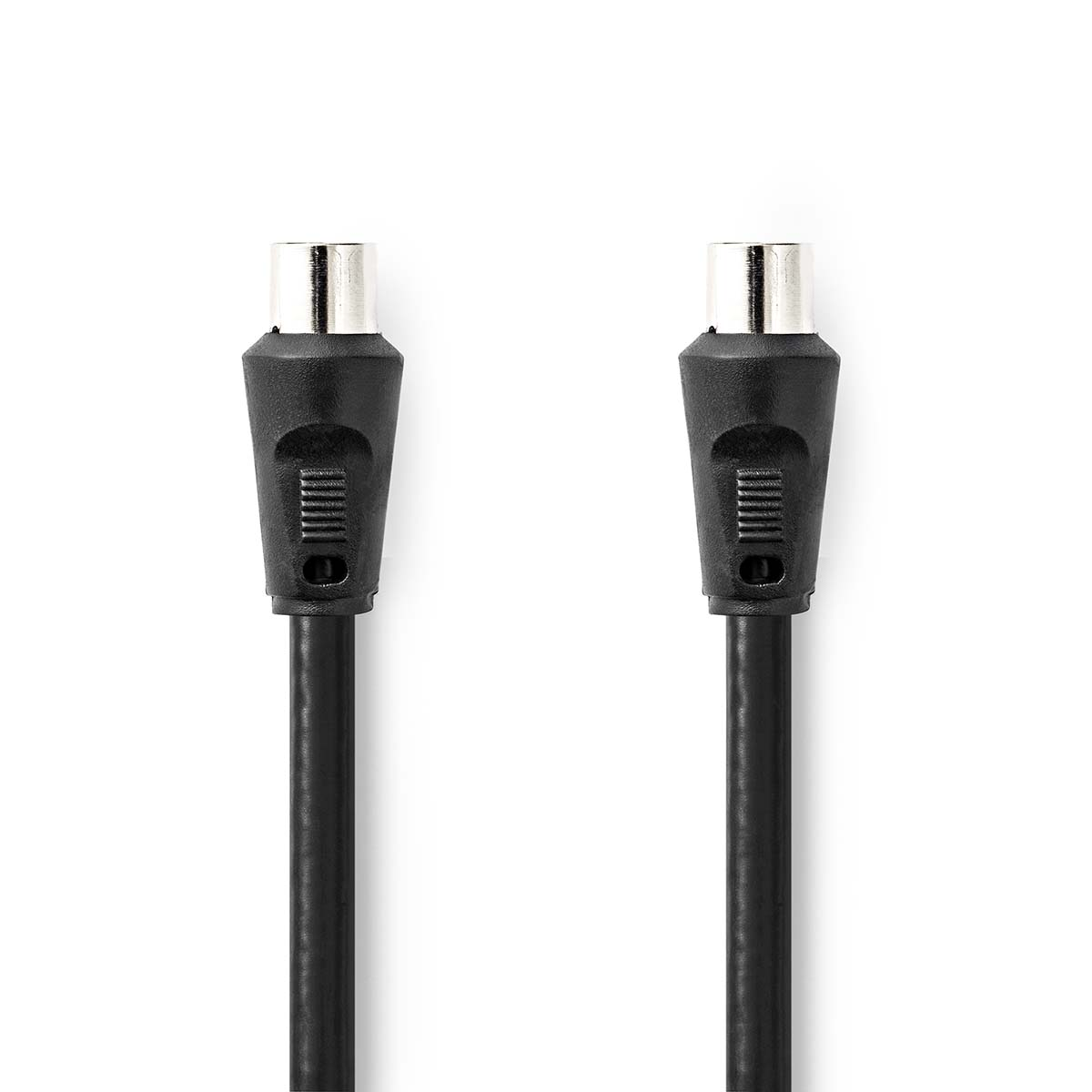 Dos cables coaxiales negros con conectores plateados. Fondo blanco.
