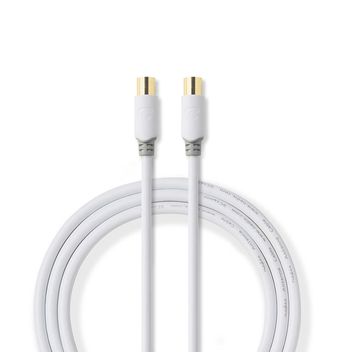 Dos cables coaxiales blancos con conectores dorados.
