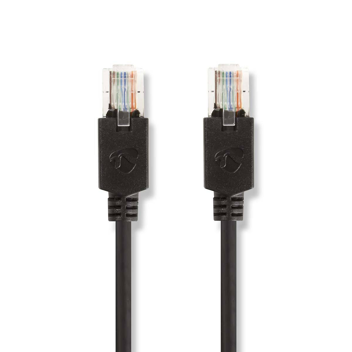 Due cavi Ethernet neri con connettori trasparenti.