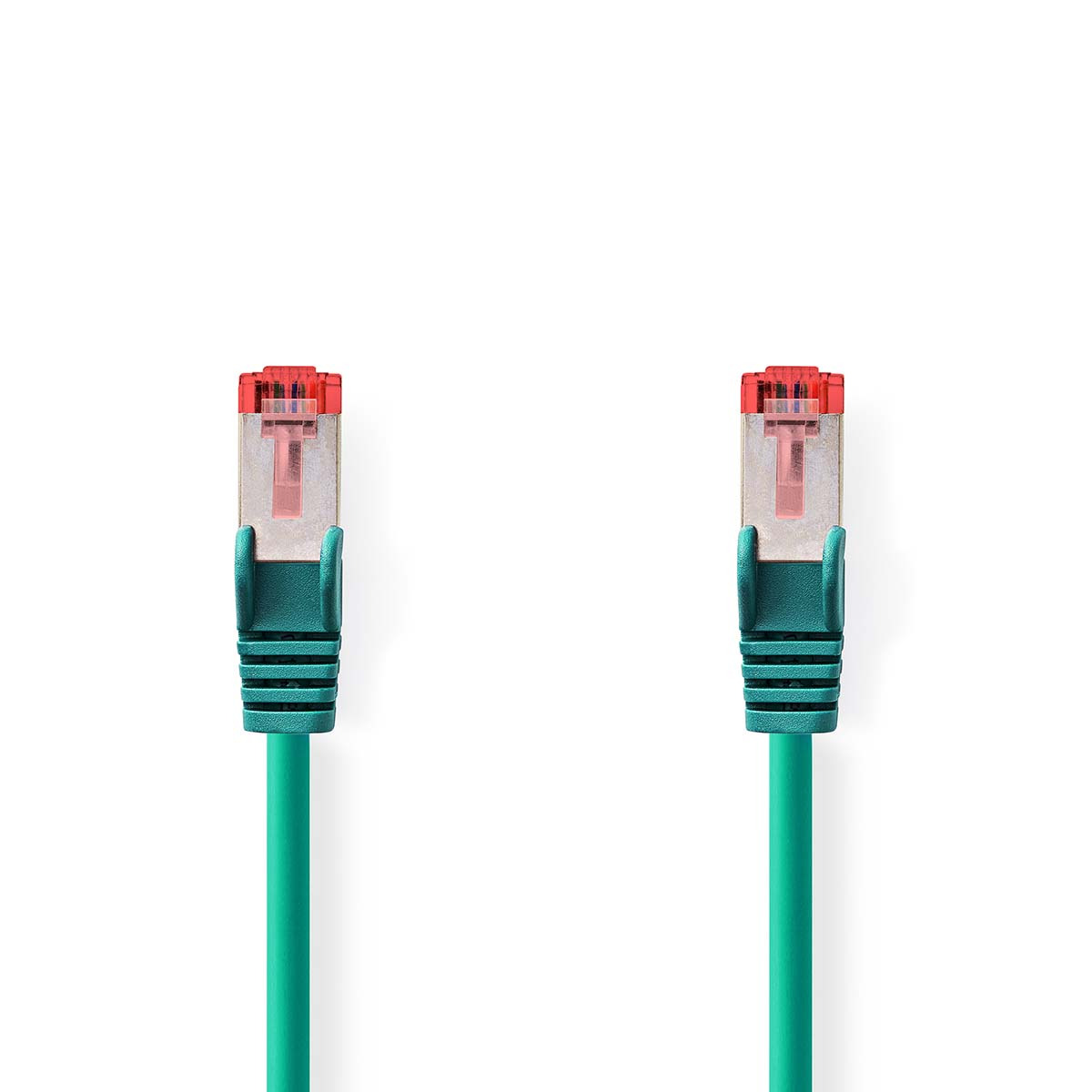 Zwei türkisfarbene Ethernet-Kabel mit roten Steckern vor weißem Hintergrund.