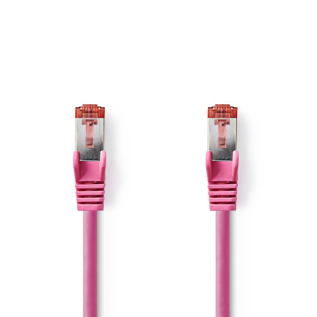 Deux connecteurs de câble Ethernet roses avec des connecteurs orange-rouge. Ils sont sur un fond blanc.