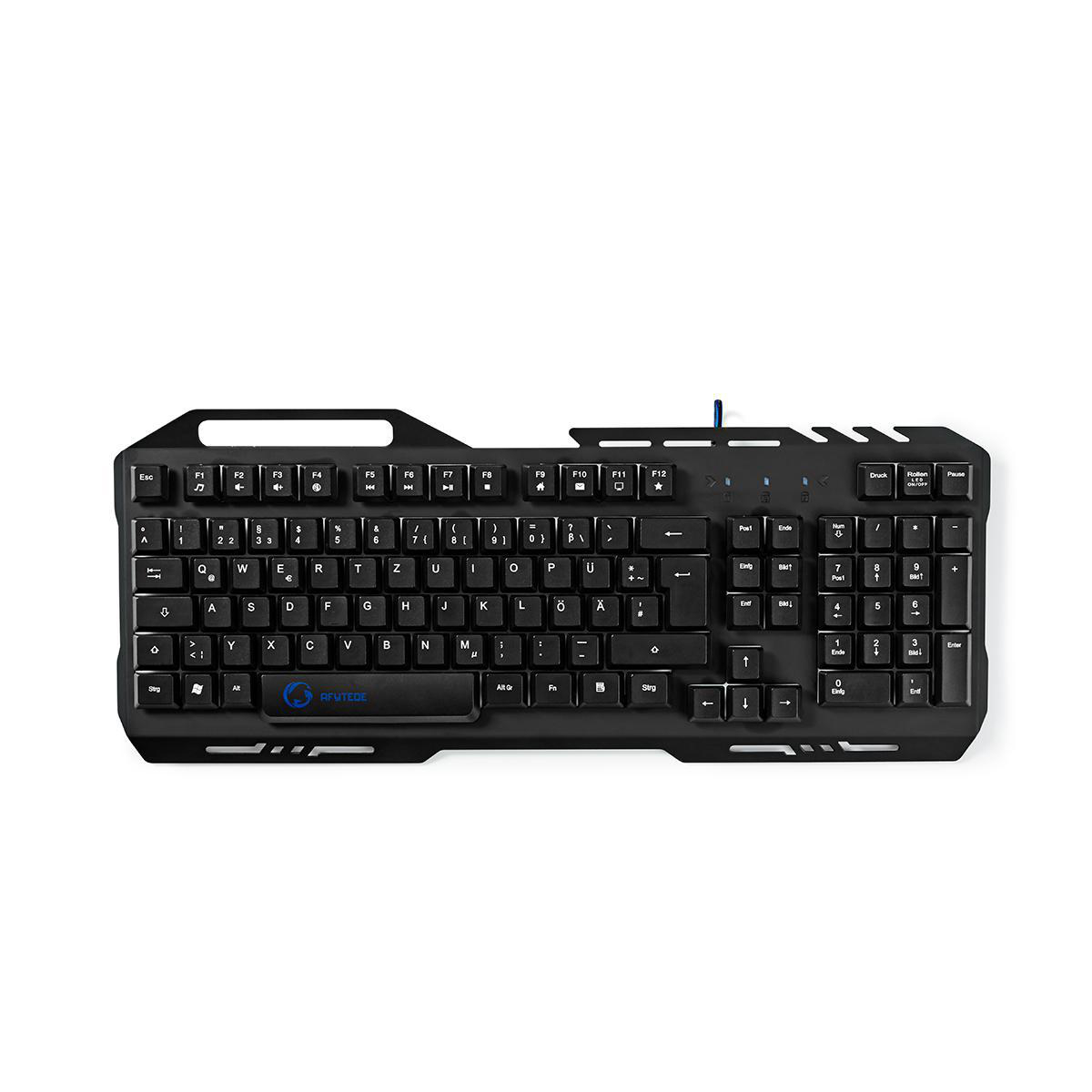 Schwarze Gaming-Tastatur mit weißen Tastenkappen. Die Tastatur hat ein einzigartiges Design.