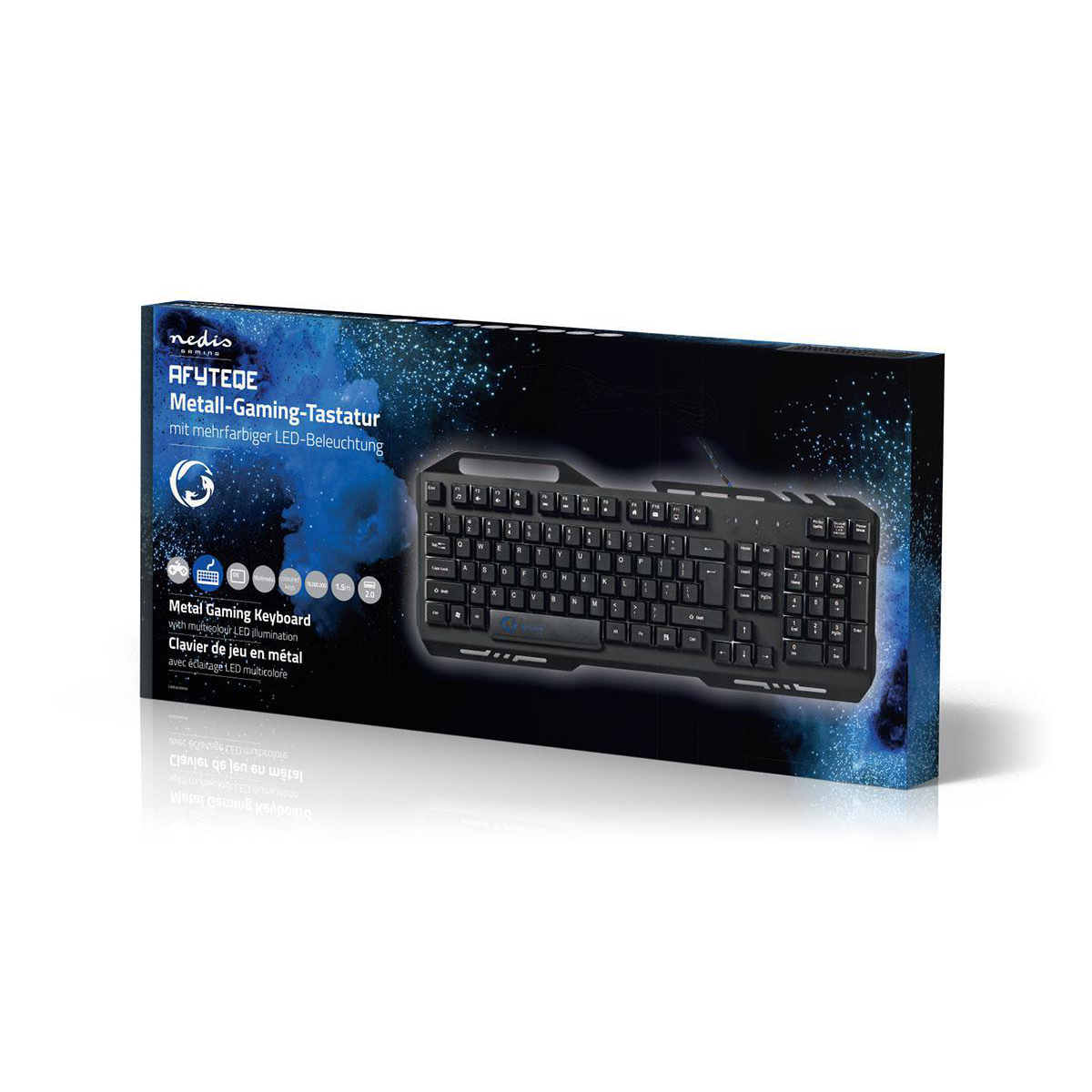 Eine Gaming-Tastatur in einer Box, schwarze Tasten, verschiedene Symbole und ein Nedis-Logo.