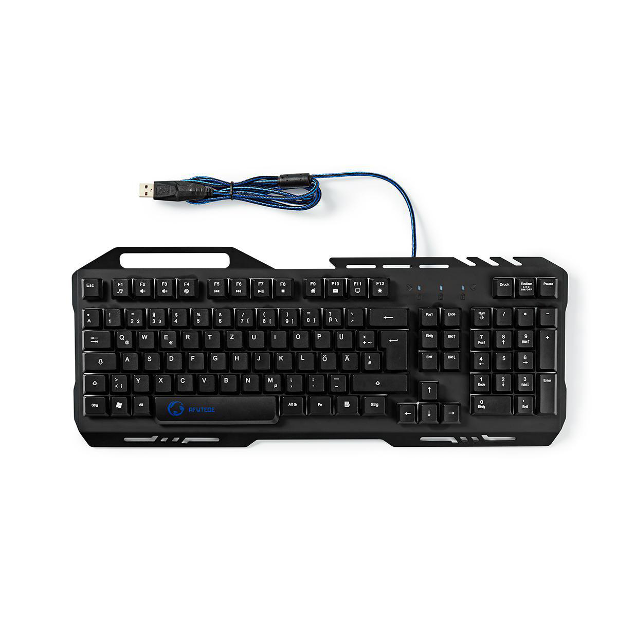 Schwarze Computertastatur mit schwarzen Tasten und einem blauen USB-Kabel. Die Tastatur hat ein Markenlogo.