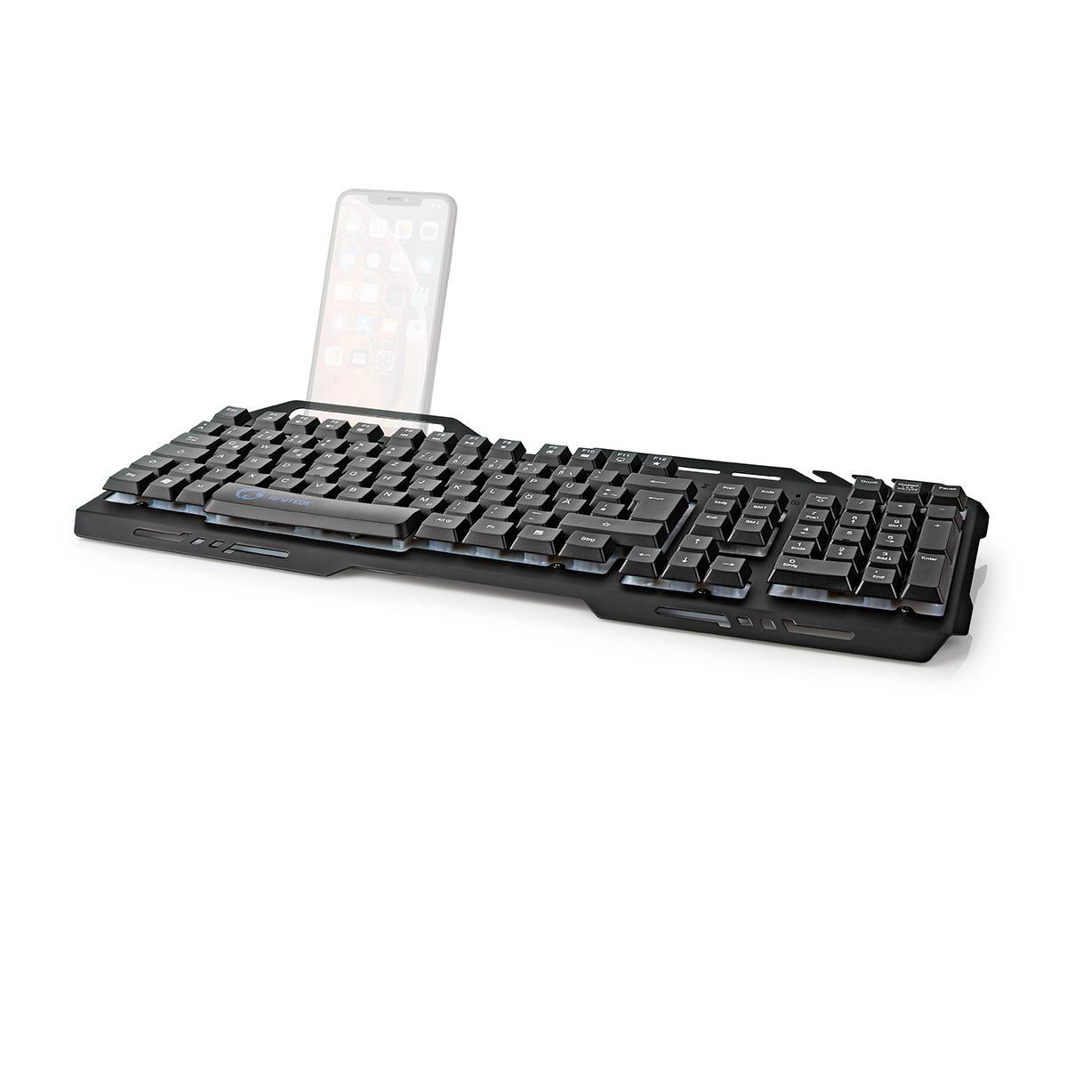 Schwarze Tastatur mit Hintergrundbeleuchtung und einem sichtbaren Telefon dahinter. Es hat ein schlankes Design.