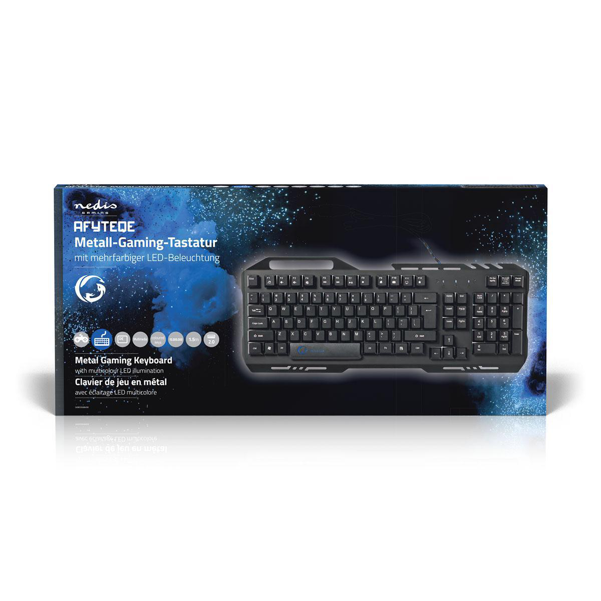 Tastatur in Box mit Gaming-Design und mehrfarbiger LED-Beleuchtung.