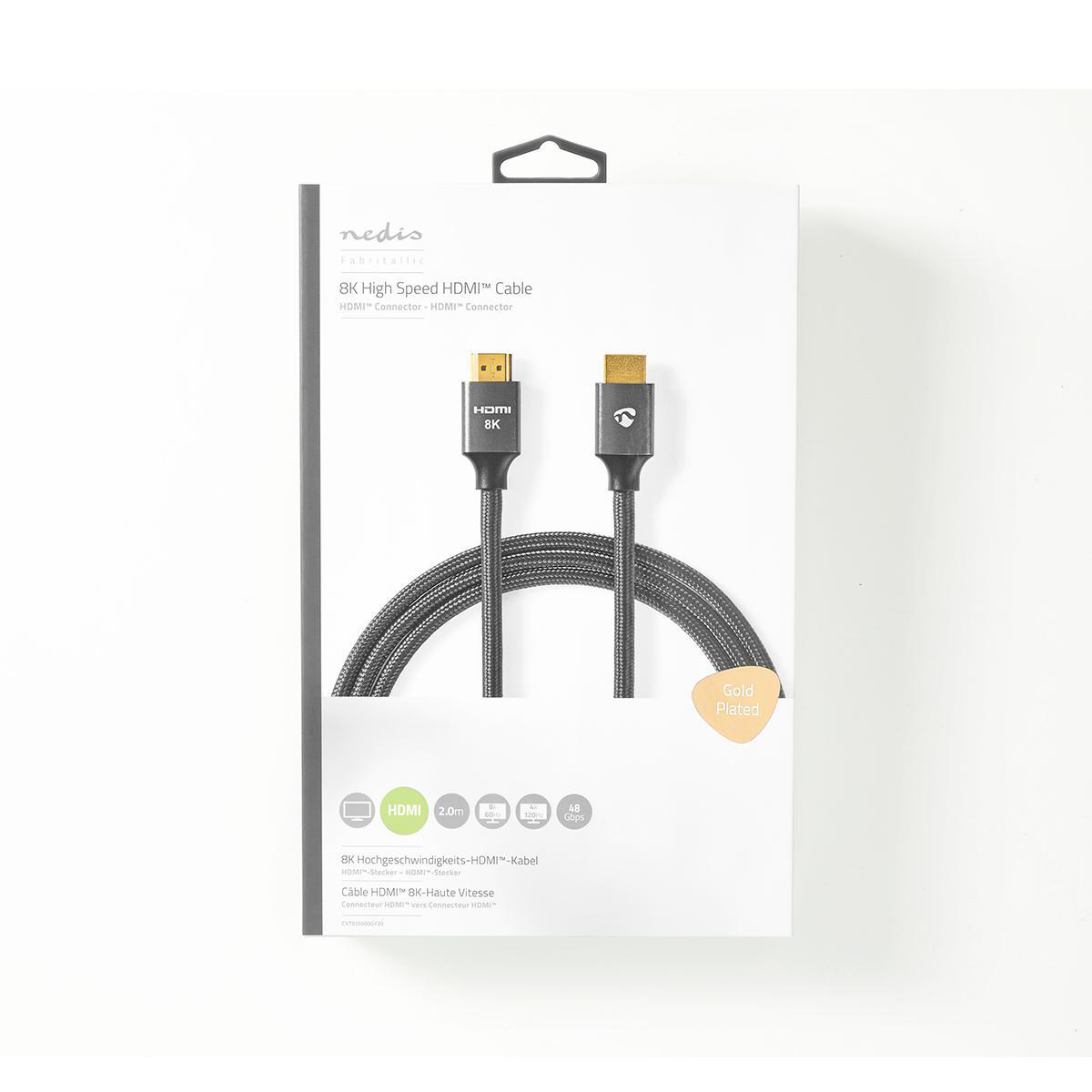 Eine weiße und graue Box mit einem 8K-HDMI-Kabel. Das Kabel ist schwarz und gold mit Goldbeschichtung.