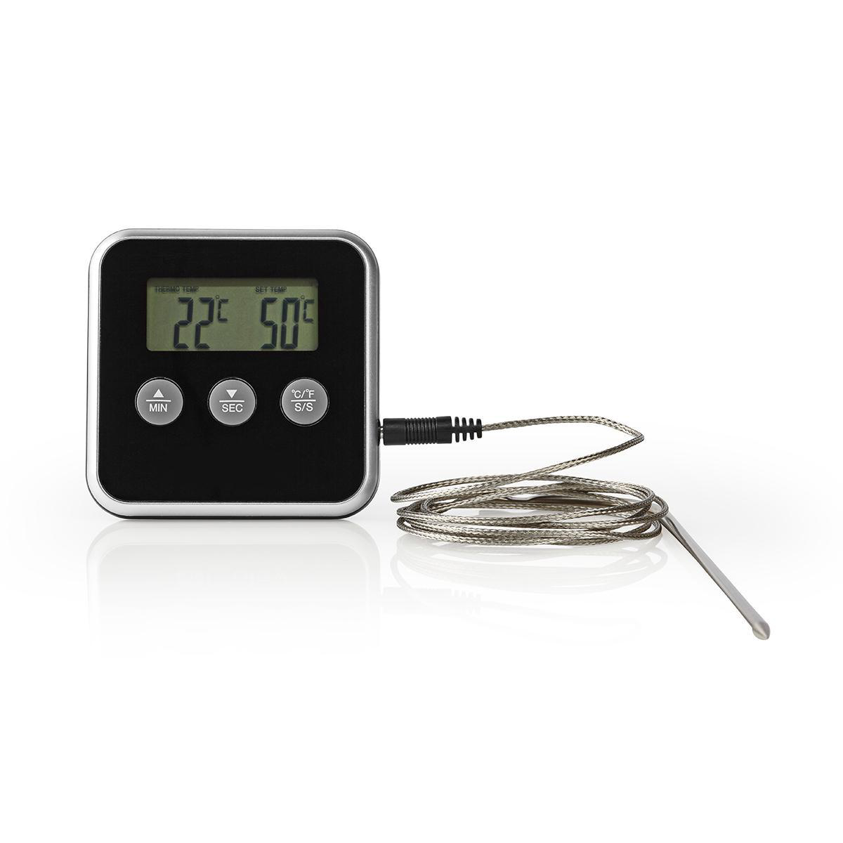 Termometro digitale con sonda argentata, corpo nero e schermo LCD che mostra 22C e 50C.