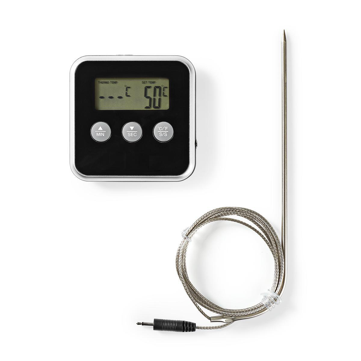 Un termometro digitale con sonda e cavo a spirale, impostato su 50 gradi.
