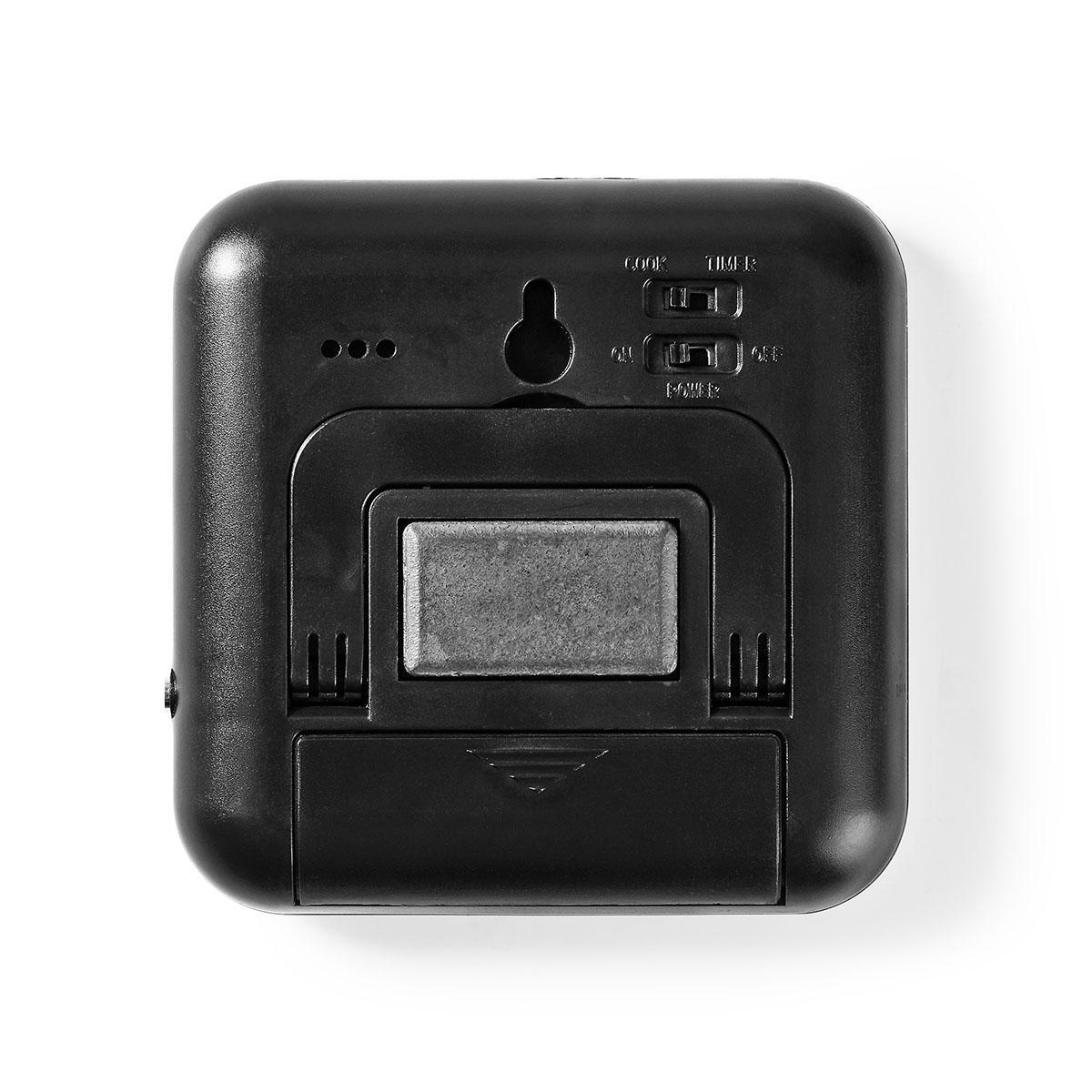 Retro di un timer da cucina nero con magnete e foro per appenderlo.