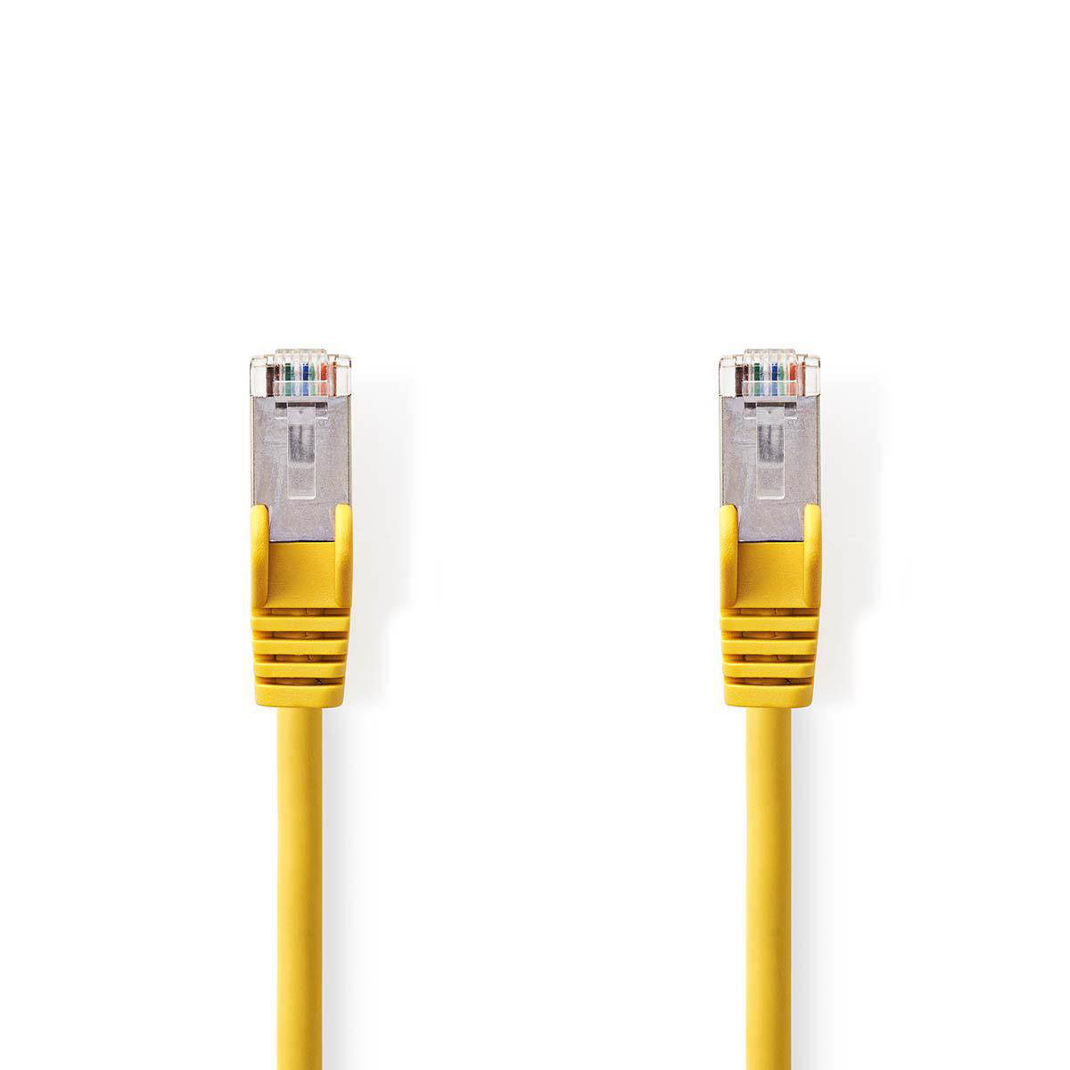 Cavi Ethernet gialli con connettori, su sfondo bianco.