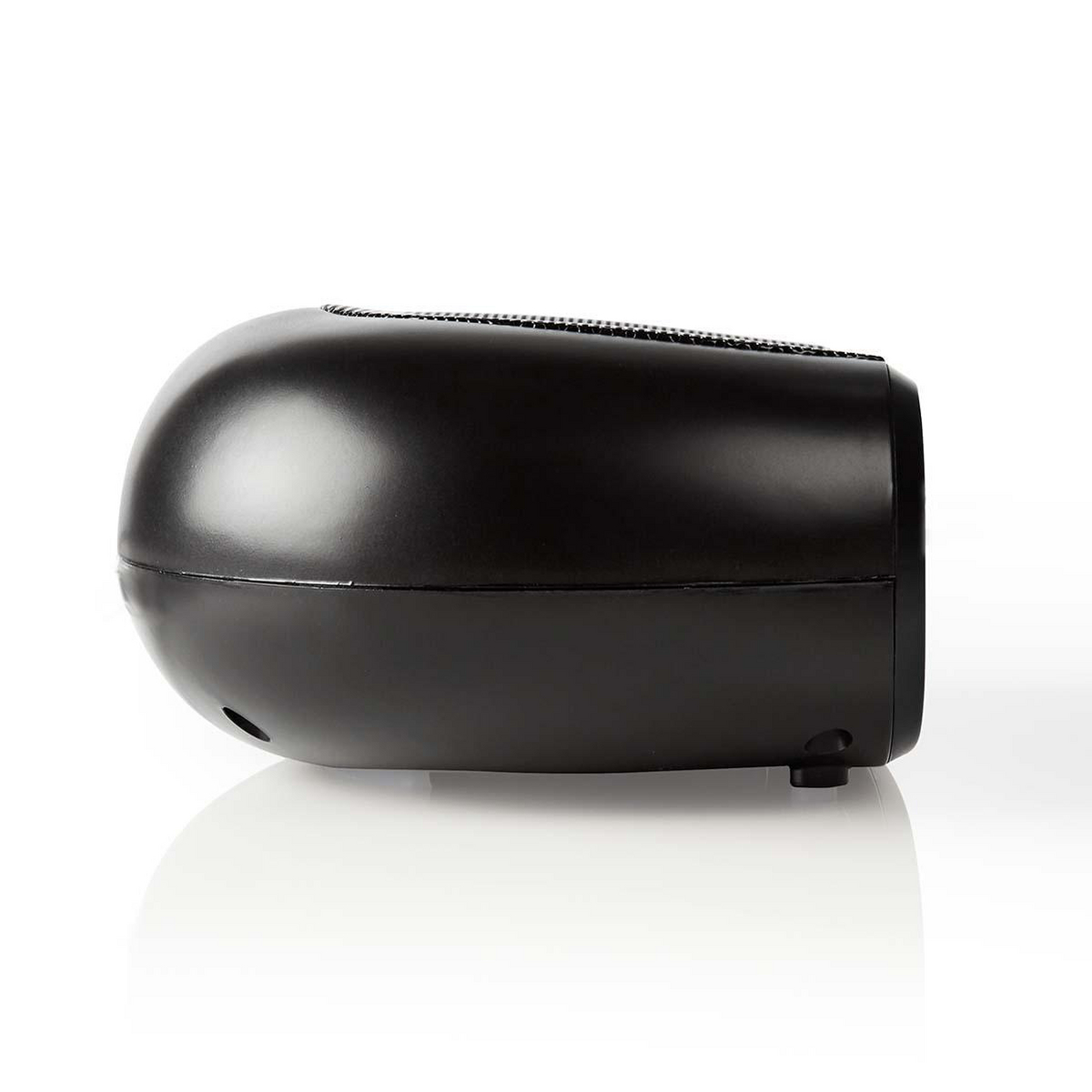 Ein schwarzer, oval geformter Lautsprecher, von der Seite betrachtet, auf weißer Oberfläche.