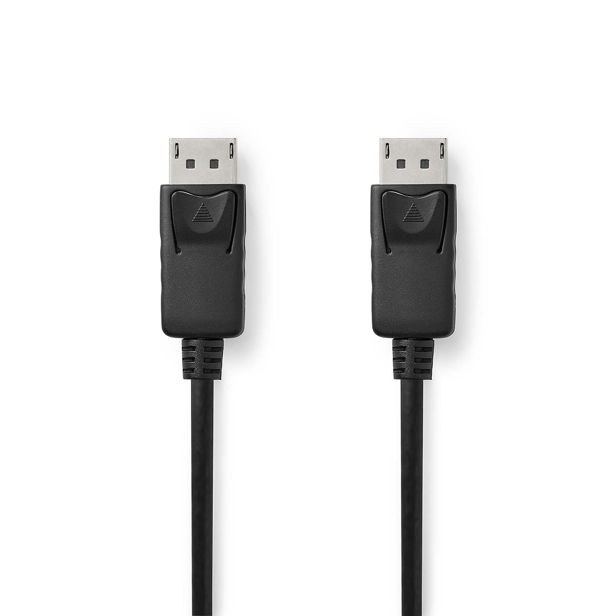 Twee zwarte DisplayPort-kabels met zwarte connectoren op een witte achtergrond.