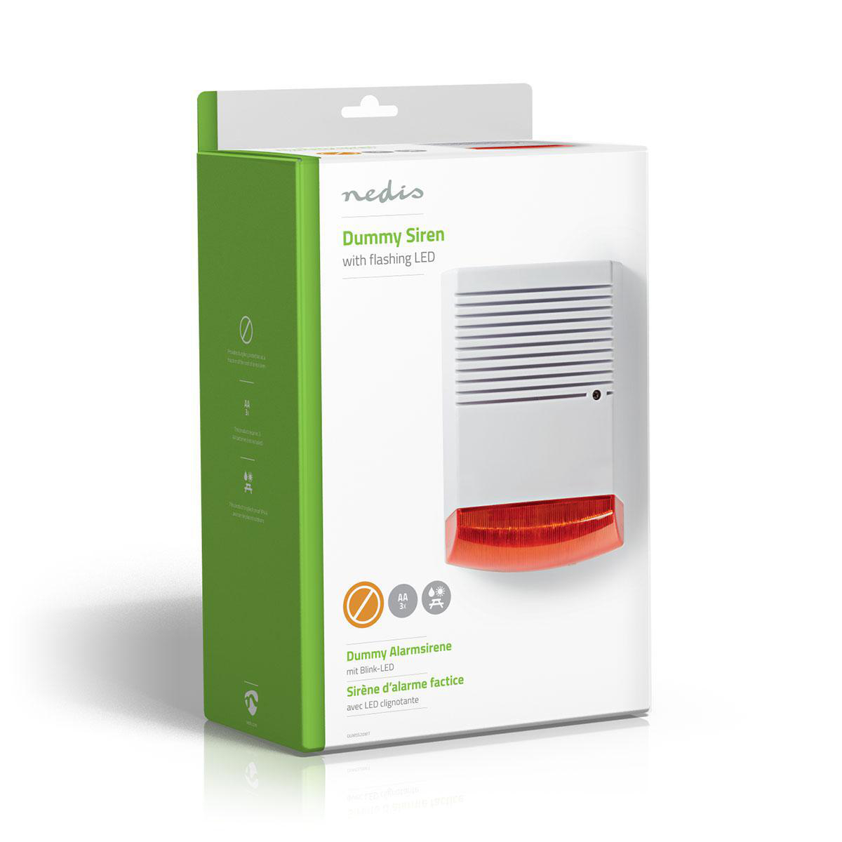 Een witte doos met een dummy sirene. De sirene is wit met rood licht en een groene accent.