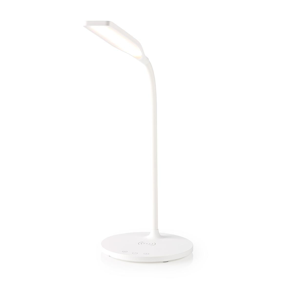 Lampada da scrivania bianca con collo curvo e luce piatta e rettangolare. Ha una base rotonda.