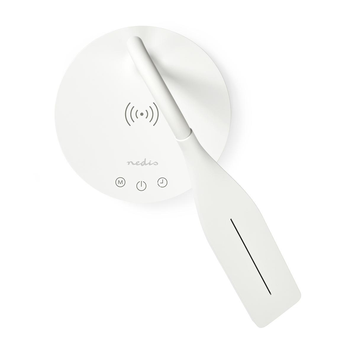Una lampada da scrivania bianca con una base circolare e un braccio curvo. La lampada ha controlli touch.