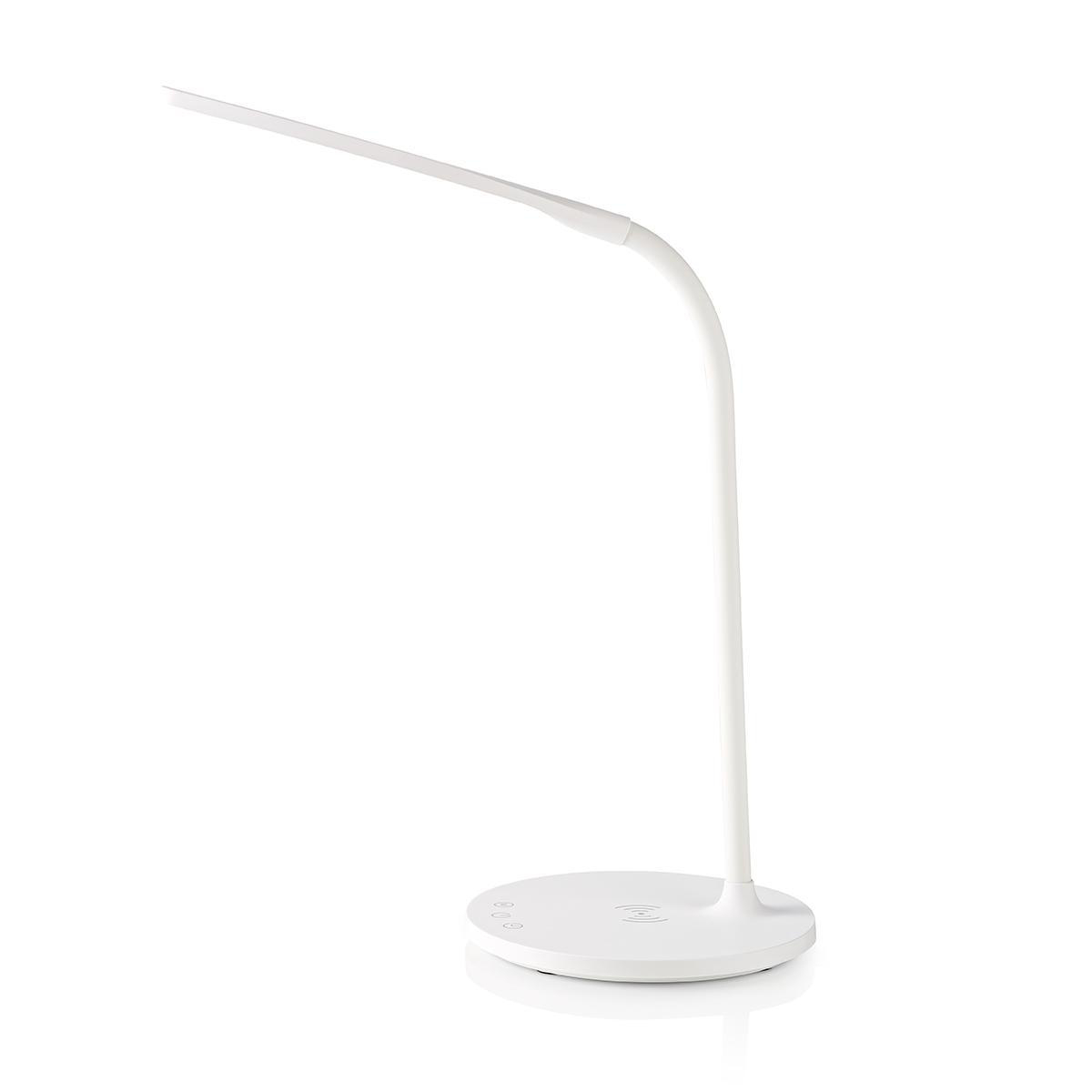 Lampada da scrivania bianca con braccio curvo e base rotonda, su sfondo bianco.