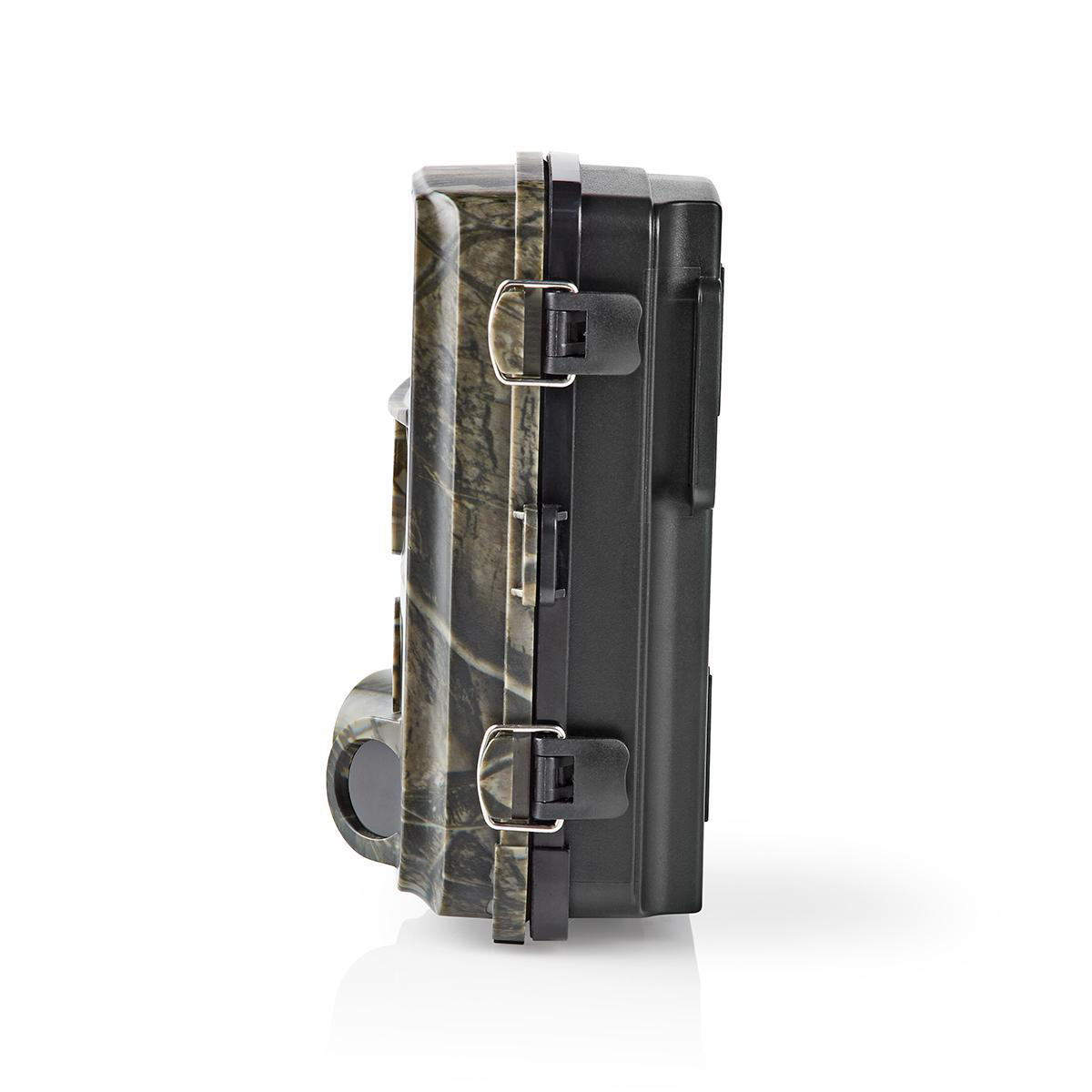 Widok z boku obudowy kamery z kamuflażem, z zatrzaskami i punktami mocowania. Białe tło.